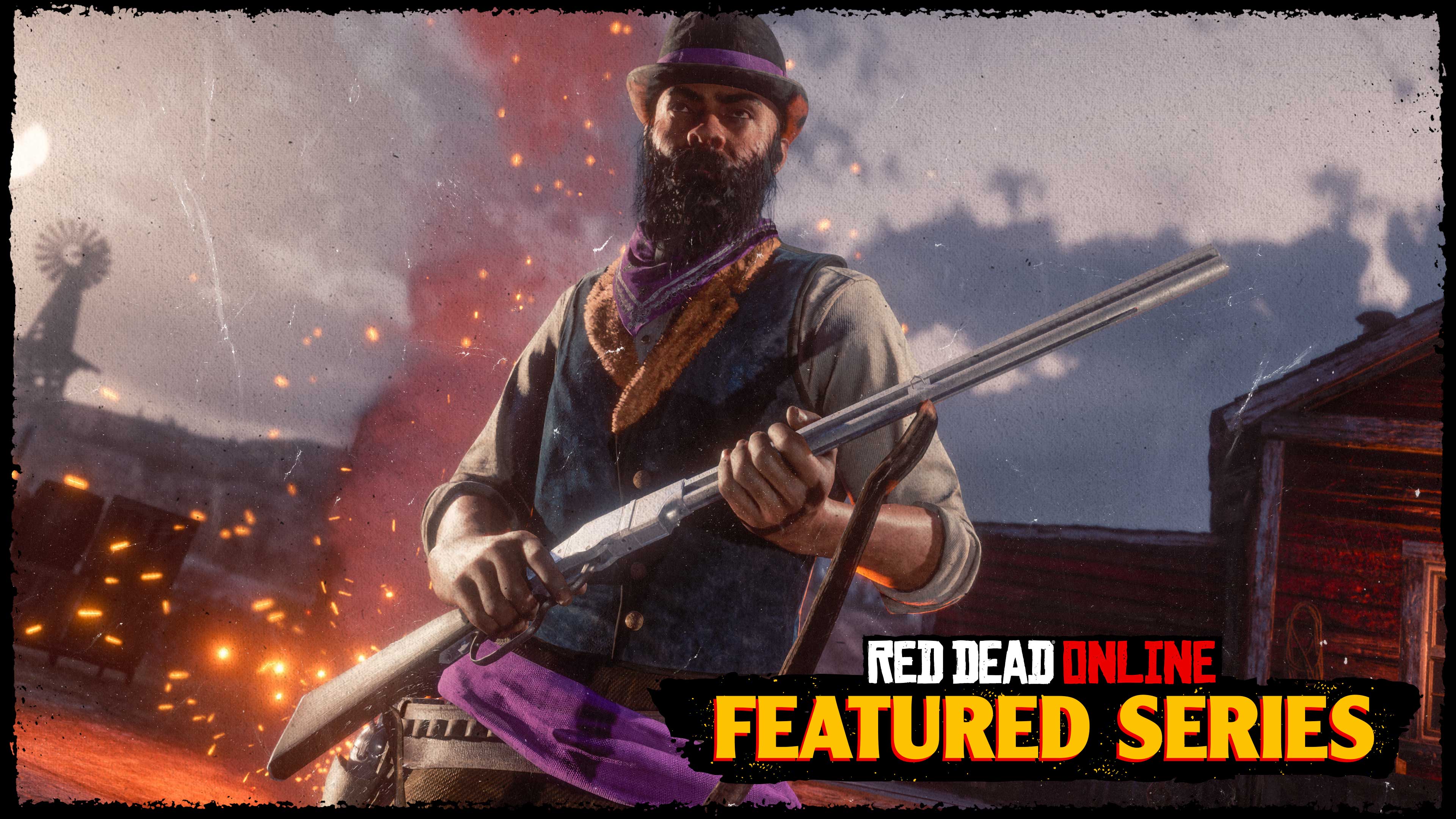 Red Dead在线模式精选系列赛，画有一名武装角色，旁边有火光。