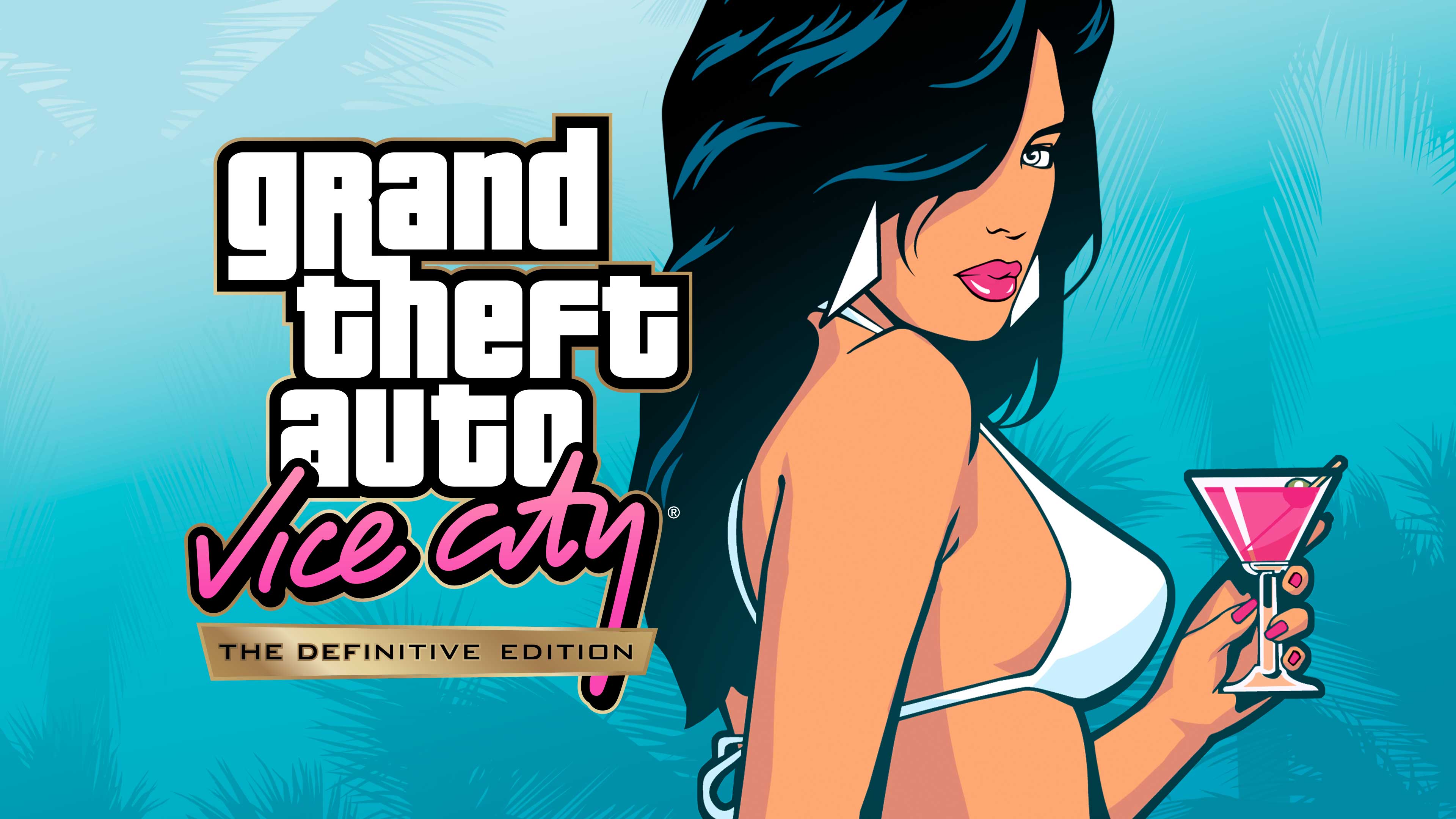 Grand Theft Auto：Vice City – 最终版卡片封面绘有一个手持粉红鸡尾酒的女人。