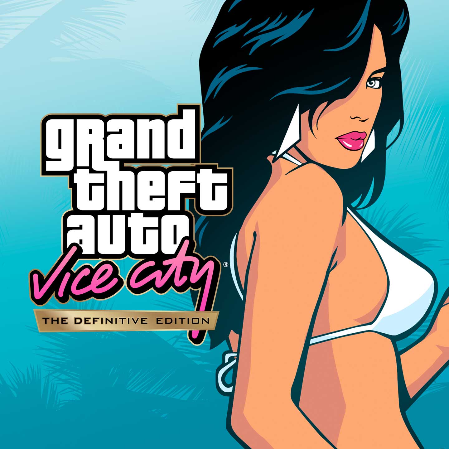 Grand Theft Auto：Vice City – 最终版卡片封面绘有一个手持粉红鸡尾酒的女人。