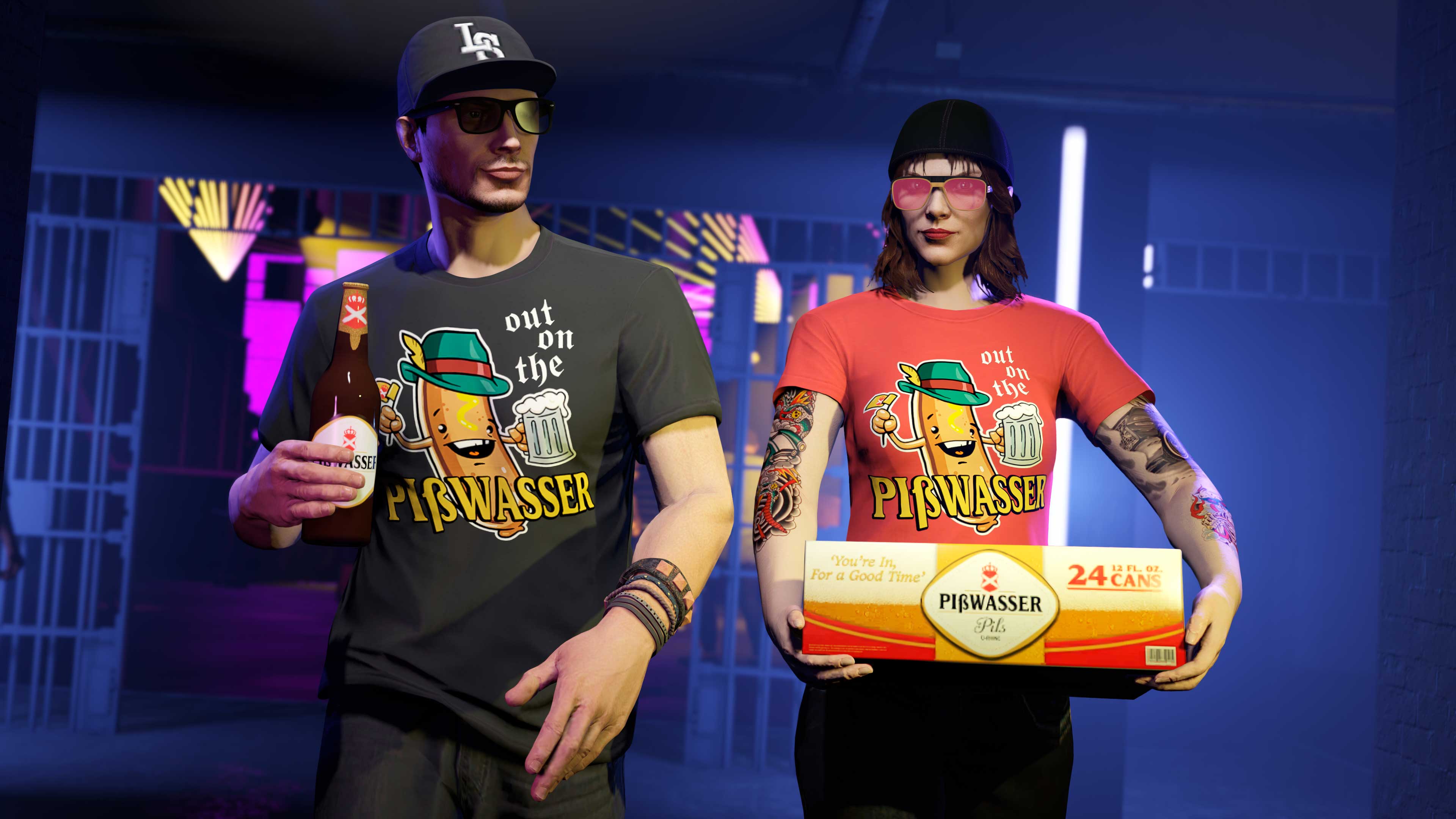 两位热衷派对的角色身着红色和黑色的畅饮尿汤啤T恤。