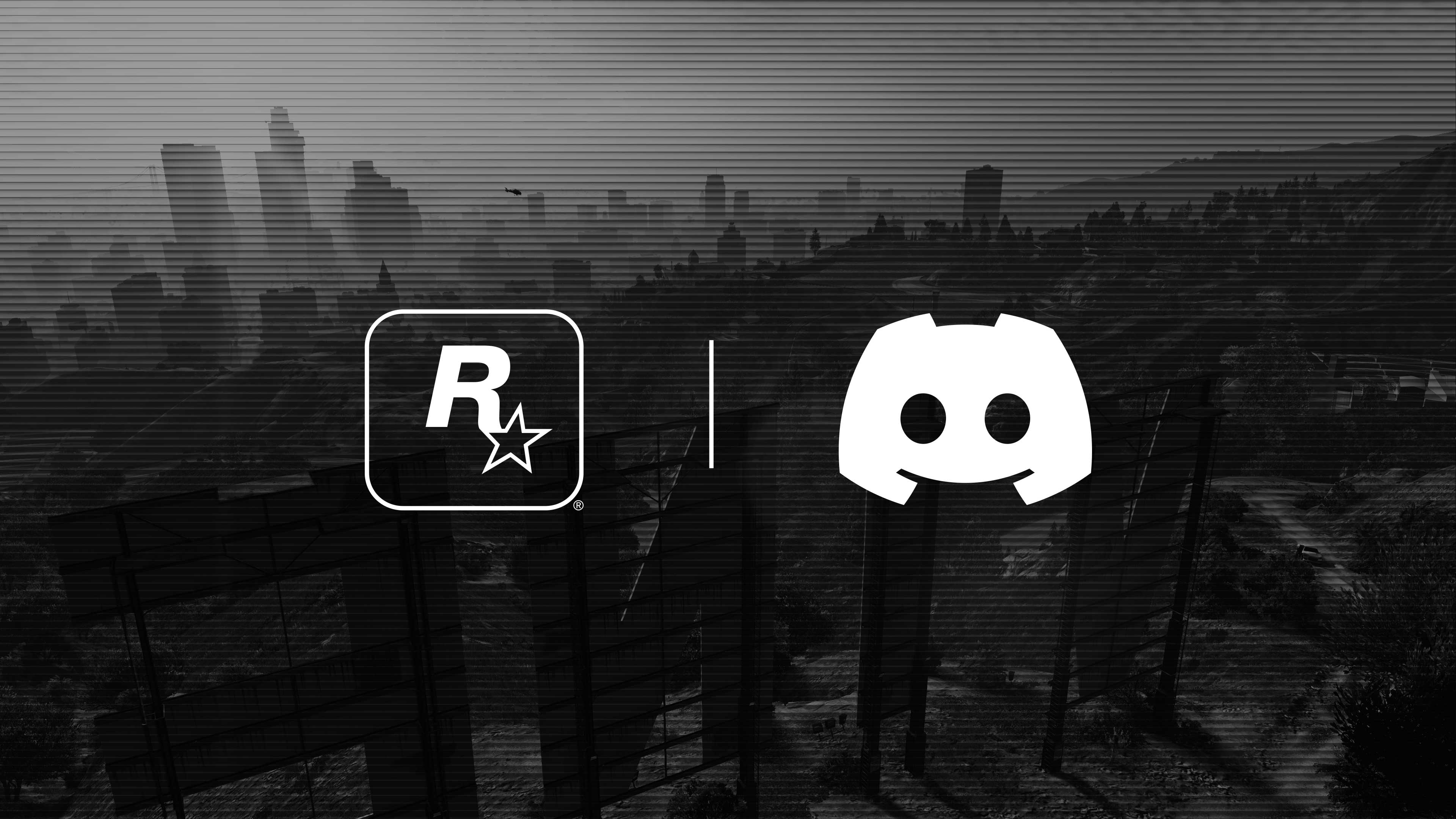 Rockstar Games 和 Discord 的徽标，背景是洛圣都的天际线。