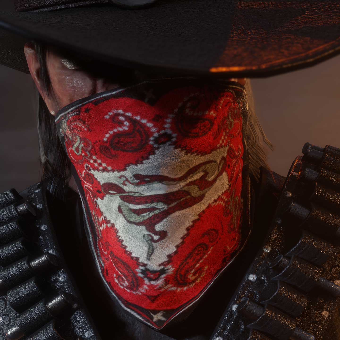 一名携带子弹带的 Red Dead 在线模式玩家头戴红白费罗蒙面巾。