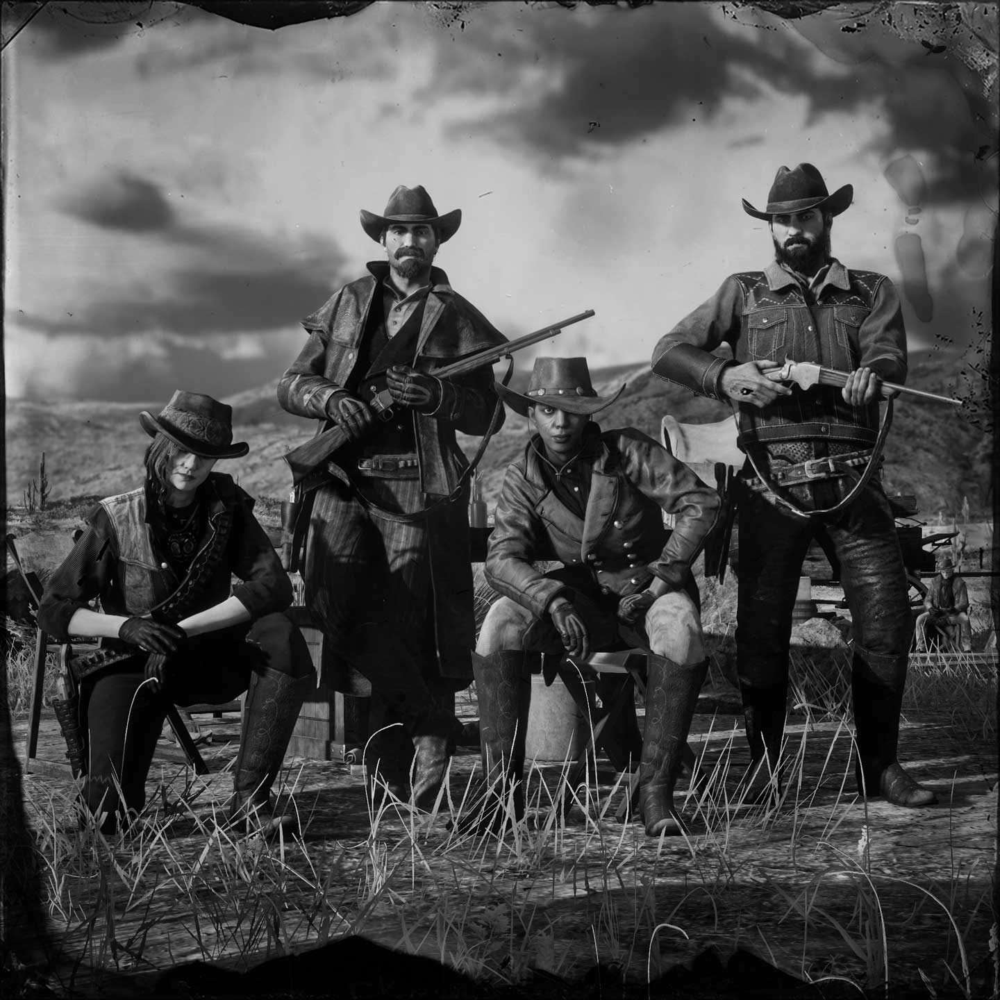 Red Dead 在线模式四人玩家团队摆出姿势进行合影。