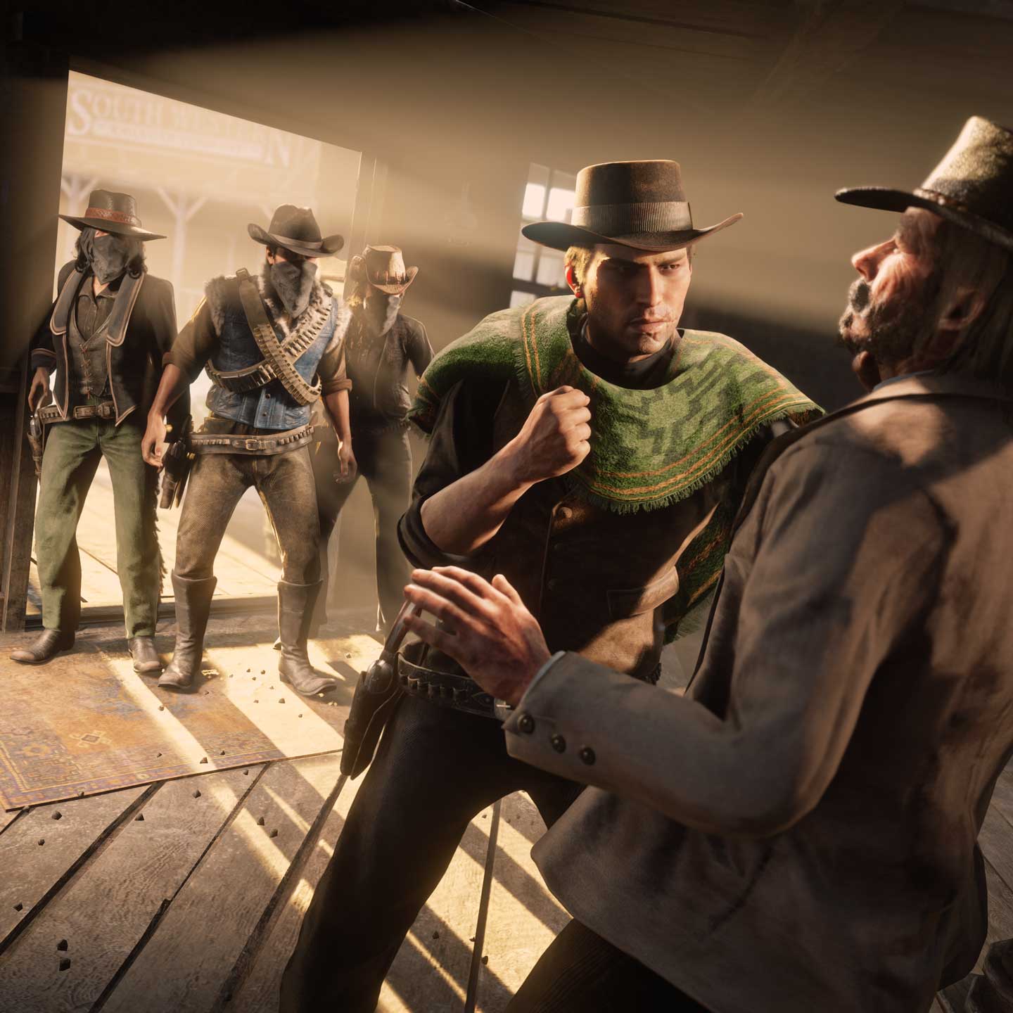 三名 Red Dead 在线模式玩家握紧拳头盯着另一名角色，试图威吓一名男子。
