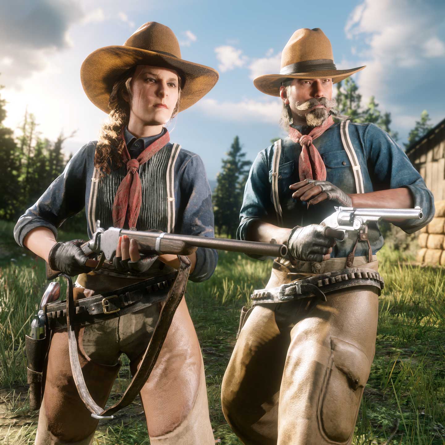 两名 Red Dead 在线模式角色穿着一整套灵感来自社区的装束。