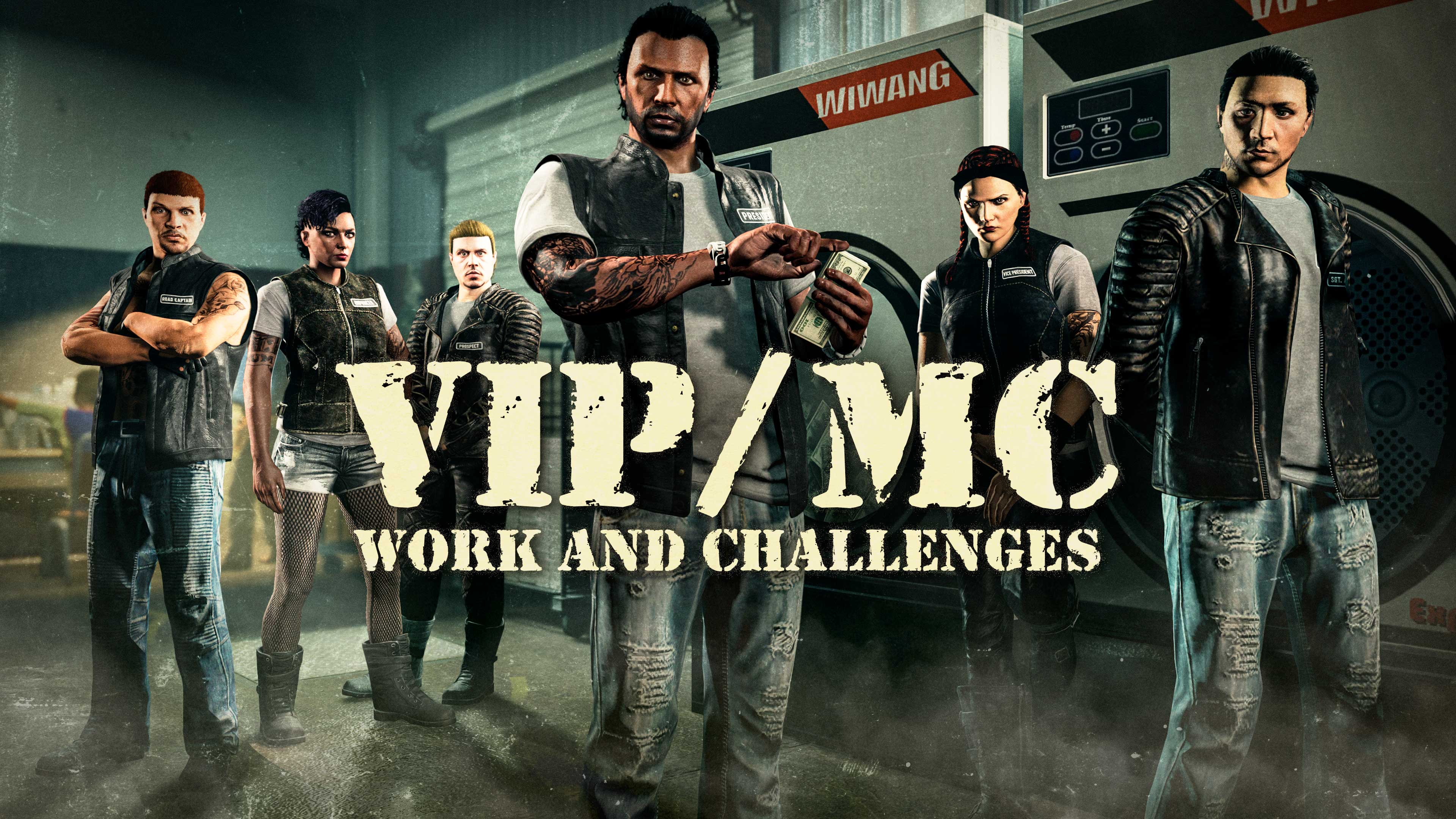 GTA 在线模式角色与 VIP/摩托帮工作和挑战文本的图片