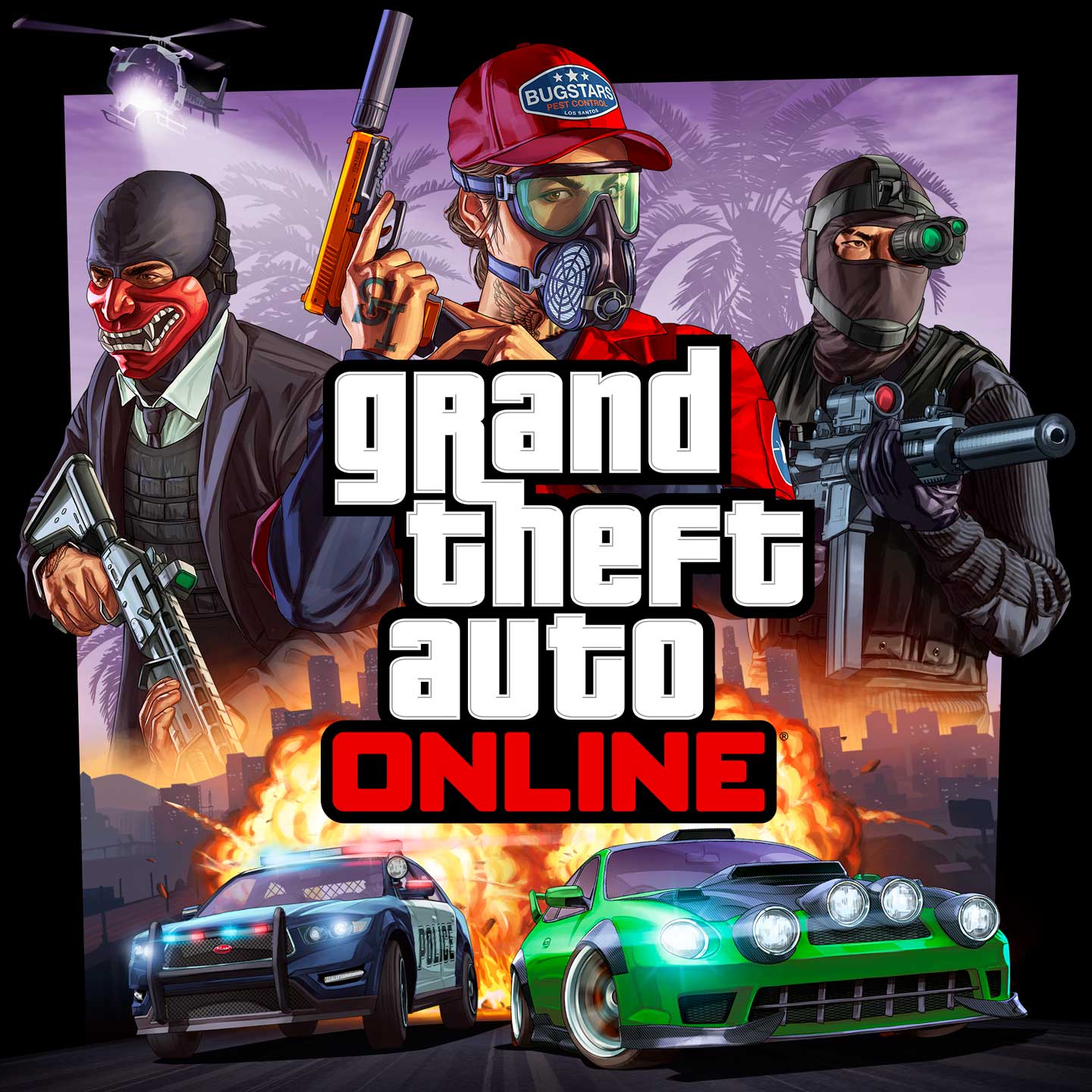 Grand Theft Auto在线模式艺术图，内容为三名全副武装的GTA在线模式角色，角色下方是几辆汽车正逃离爆炸的场景。