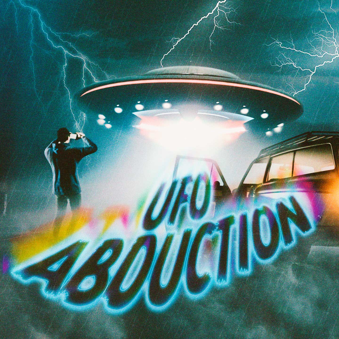 UFO绑架海报，一名GTA在线模式角色对着一架发光的UFO拍照。