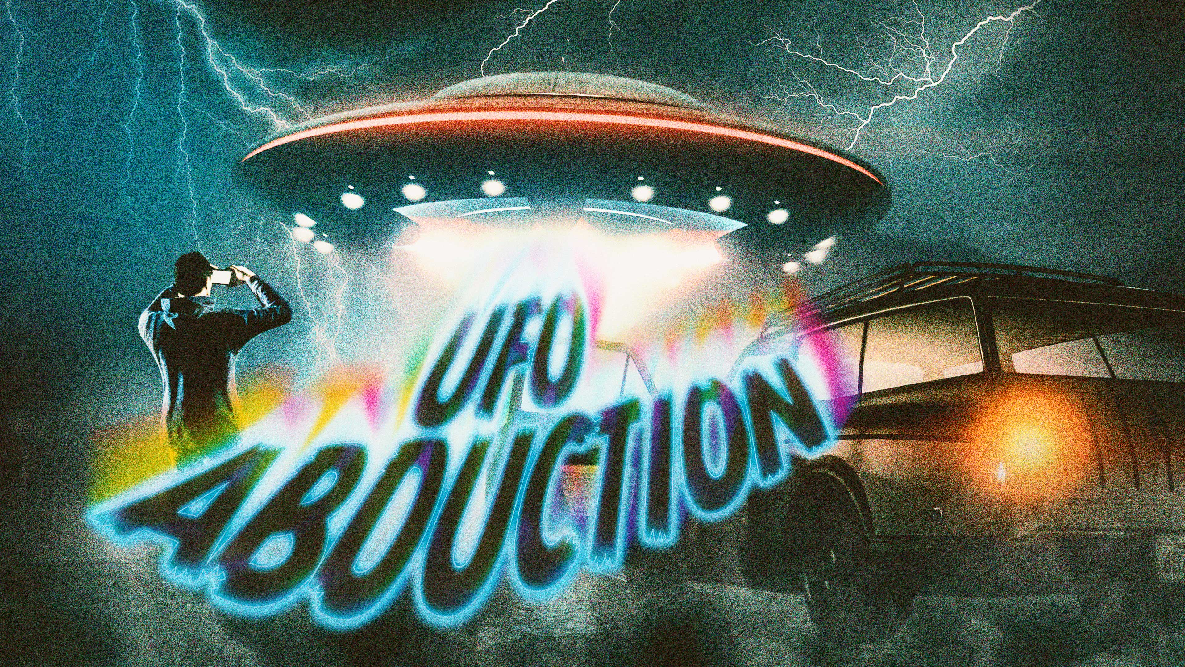 UFO绑架海报，一名GTA在线模式角色对着一架发光的UFO拍照。