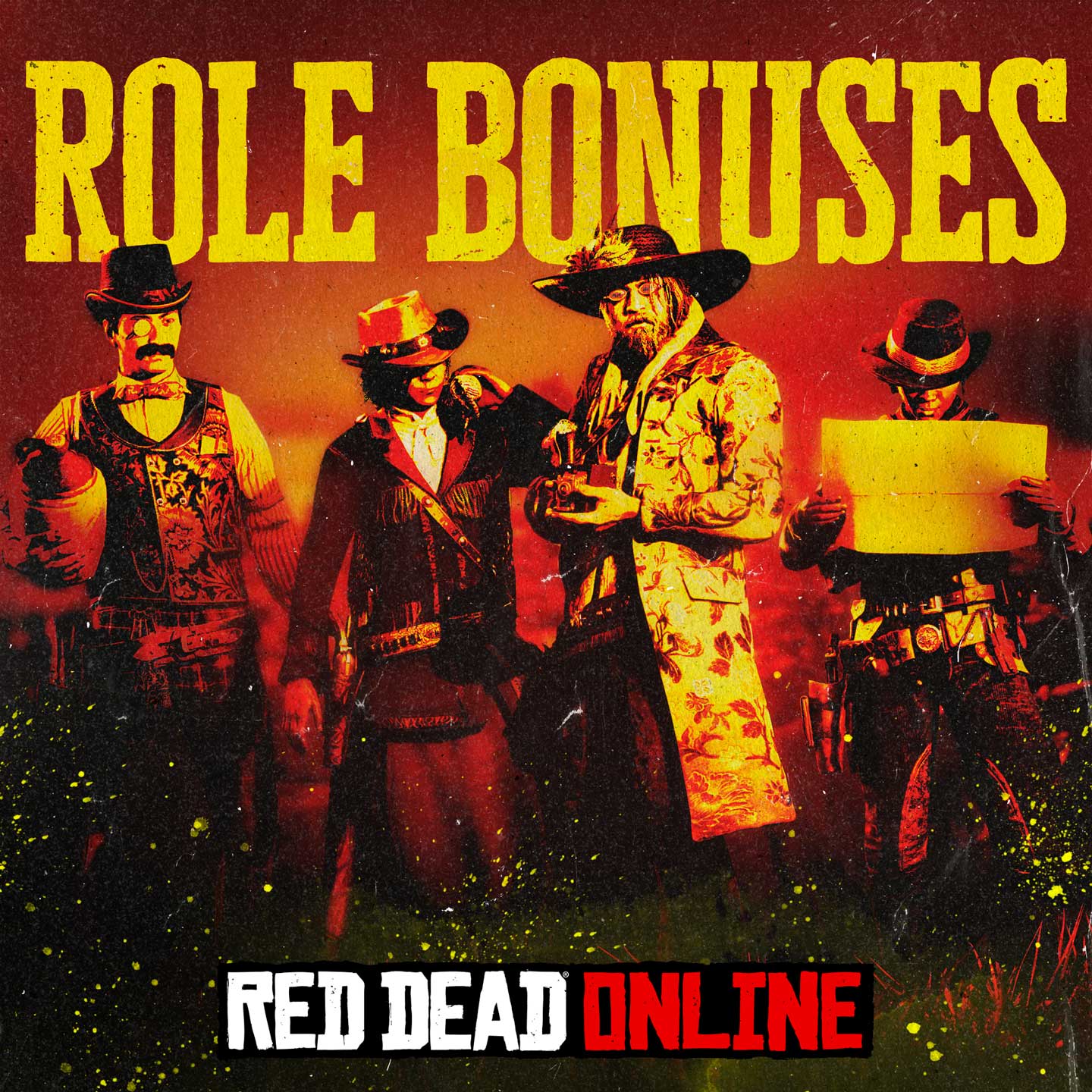 Red Dead 在线模式职业奖励活动海报，画有几名角色穿着专家职业着装。