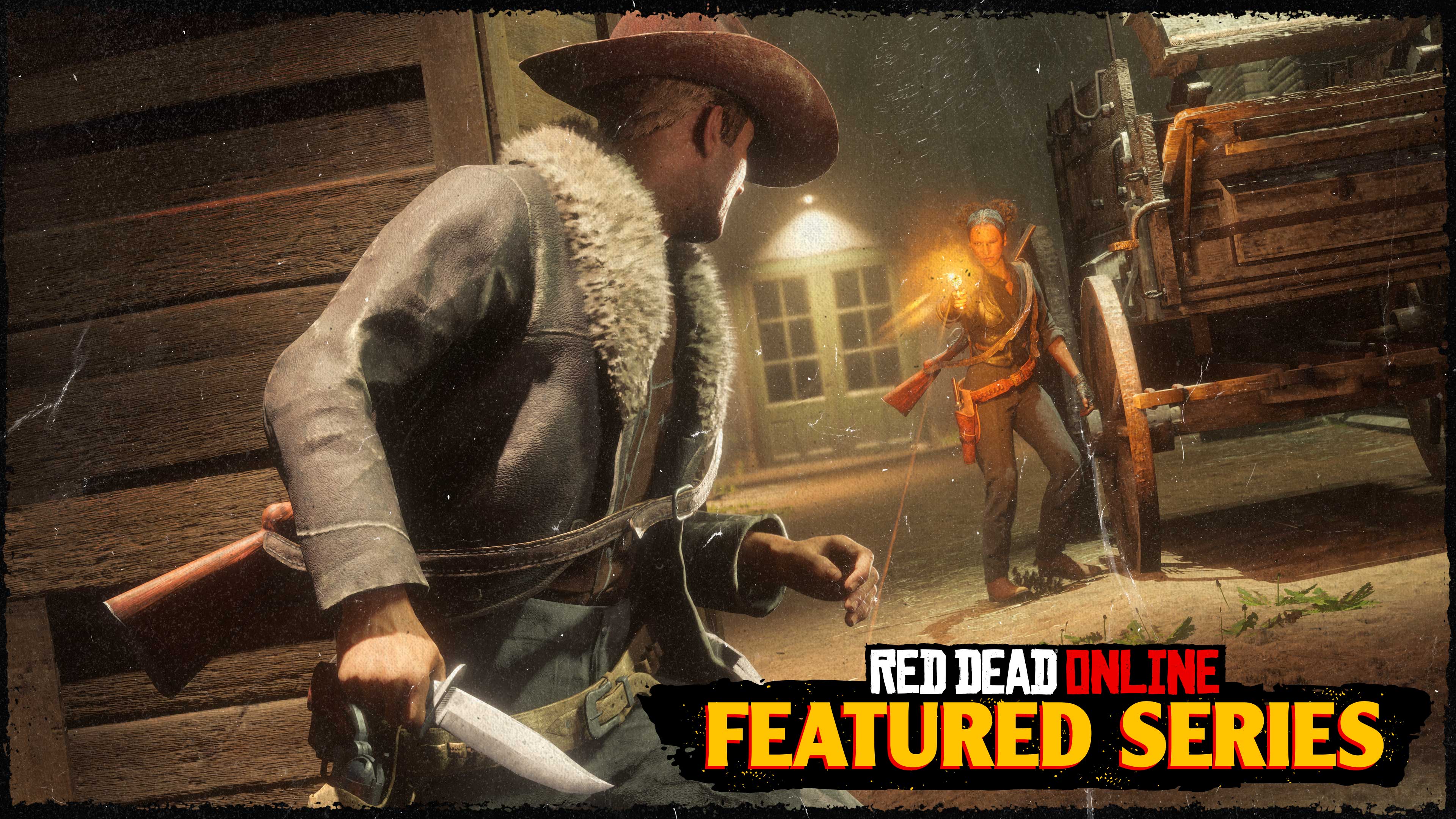 Red Dead 在线模式精选系列赛的海报，一名角色持匕首躲在掩体后面，另一名正向他射击。