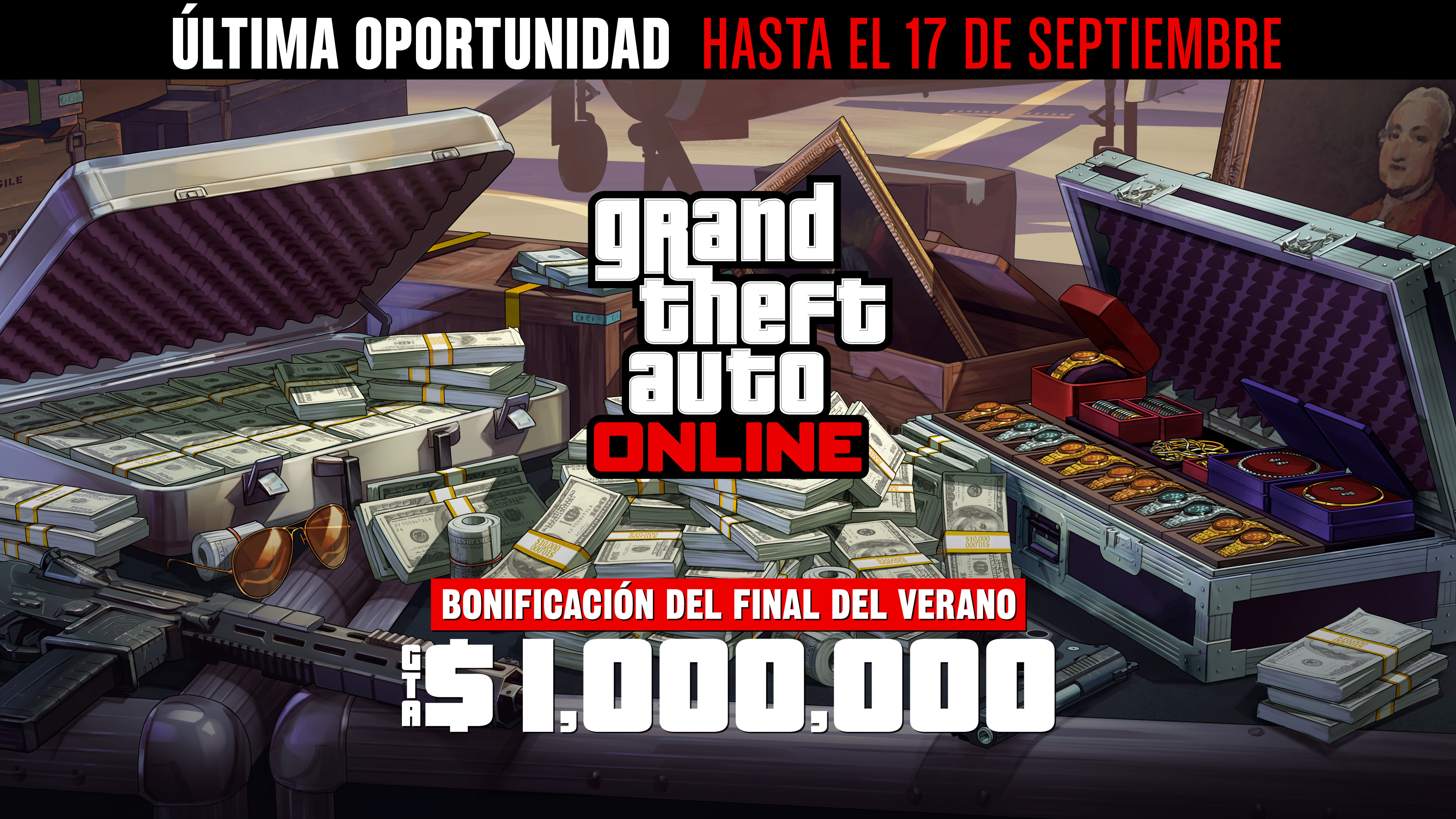 Grand Theft Auto在线模式海报，机场附近的一个金属箱上放着现金、枪支、绘画作品和一箱珠宝。海报上写着：最后机会，截至9月17日。夏末大放送。100万GTA游戏币。