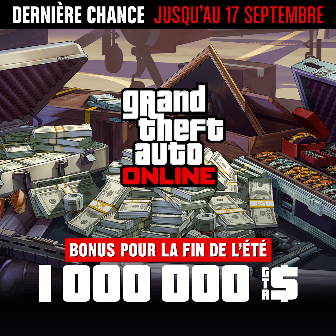 Grand Theft Auto在线模式海报，机场附近的一个金属箱上放着现金、枪支、绘画作品和一箱珠宝。海报上写着：最后机会，截至9月17日。夏末大放送。100万GTA游戏币。