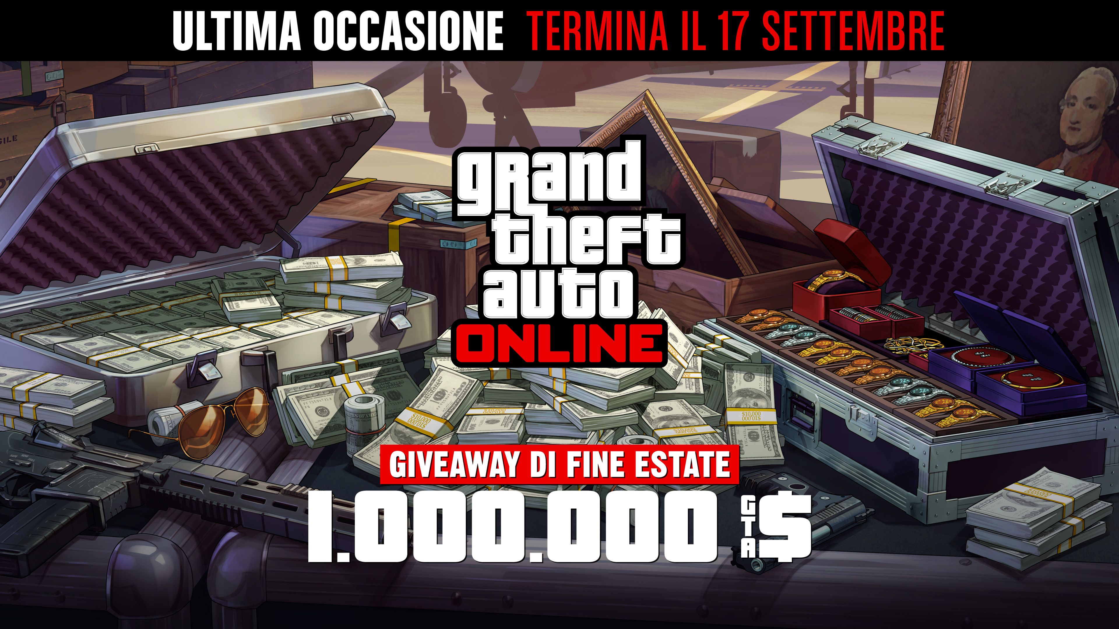 Grand Theft Auto在线模式海报，机场附近的一个金属箱上放着现金、枪支、绘画作品和一箱珠宝。海报上写着：最后机会，截至9月17日。夏末大放送。100万GTA游戏币。