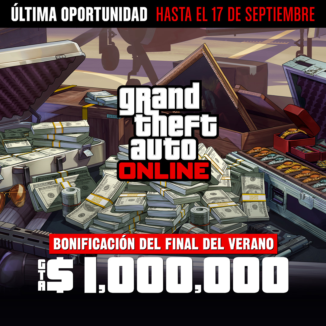 Grand Theft Auto在线模式海报，机场附近的一个金属箱上放着现金、枪支、绘画作品和一箱珠宝。海报上写着：最后机会，截至9月17日。夏末大放送。100万GTA游戏币。