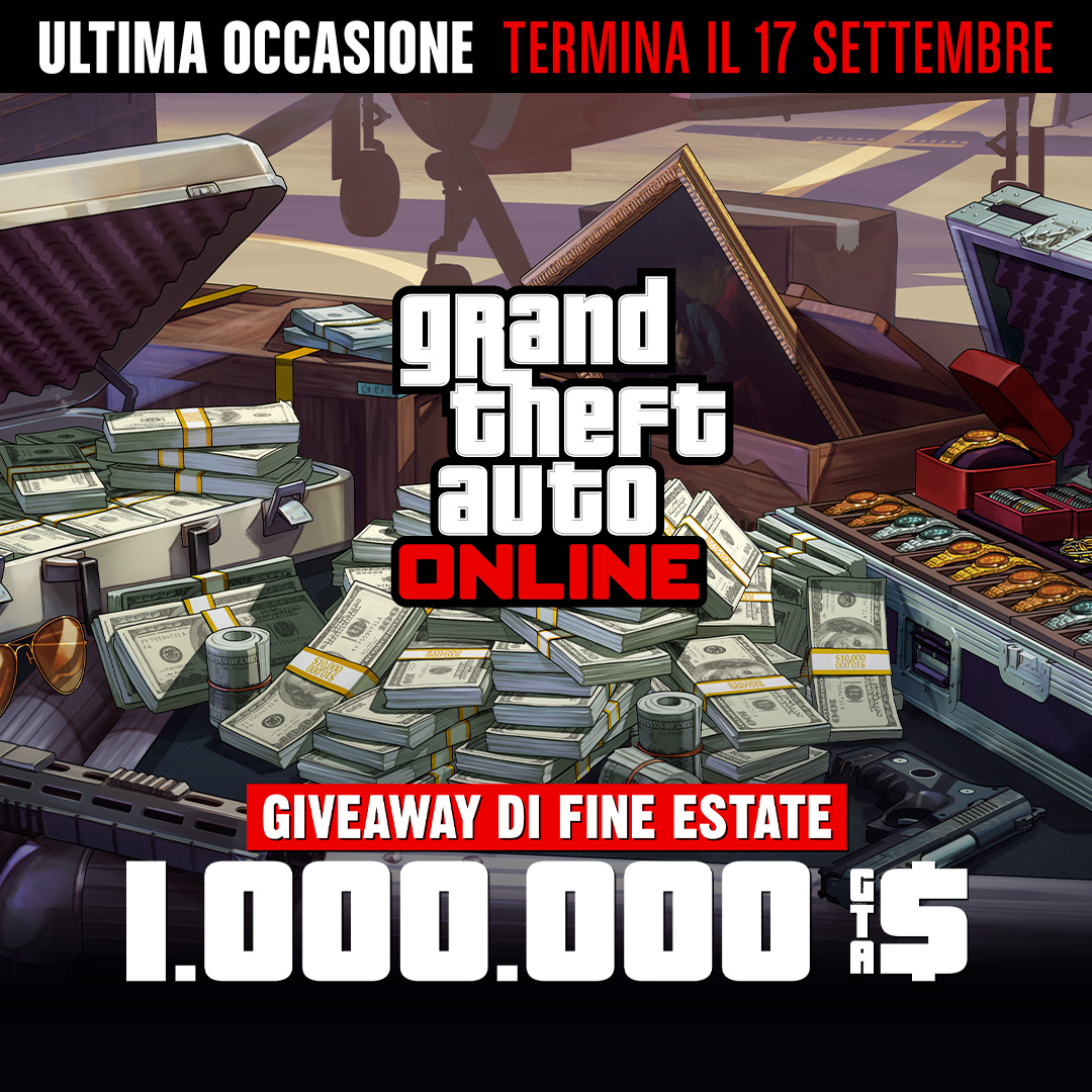 Grand Theft Auto在线模式海报，机场附近的一个金属箱上放着现金、枪支、绘画作品和一箱珠宝。海报上写着：最后机会，截至9月17日。夏末大放送。100万GTA游戏币。