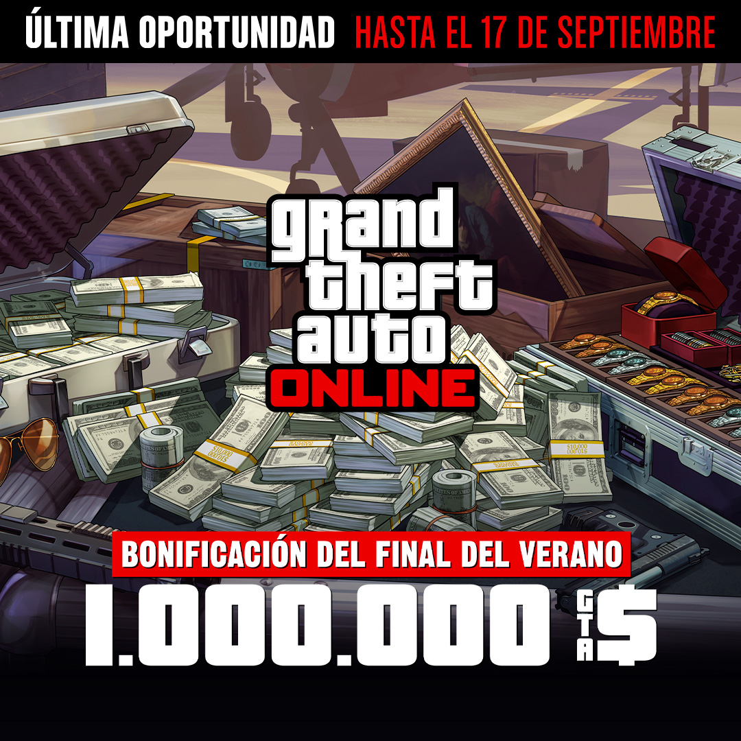 Grand Theft Auto在线模式海报，机场附近的一个金属箱上放着现金、枪支、绘画作品和一箱珠宝。海报上写着：最后机会，截至9月17日。夏末大放送。100万GTA游戏币。
