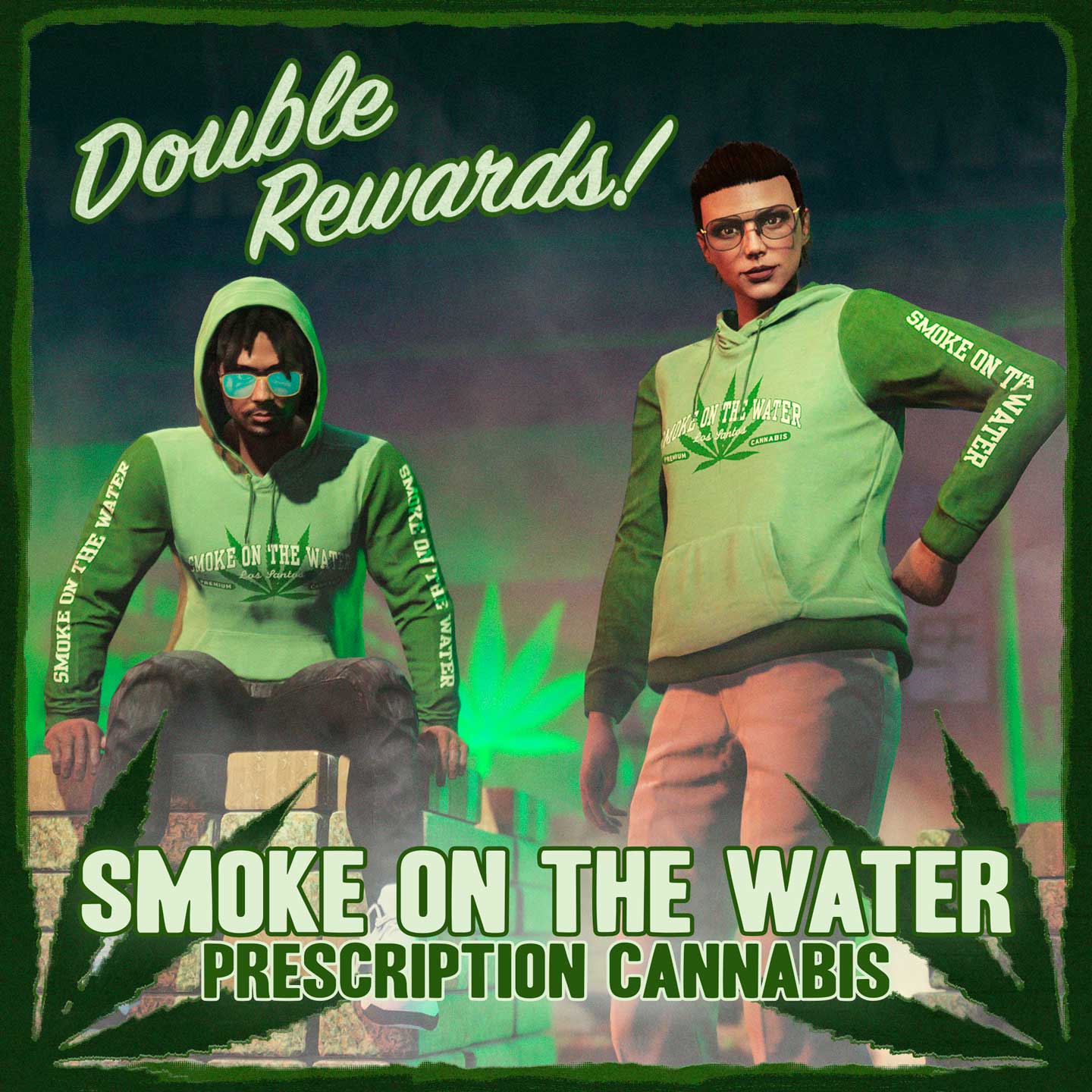 喷云吐雾馆处方大麻海报，上面有两个身着“喷云吐雾馆”服装的角色，周围烟雾缭绕。海报上写着：“双倍奖励！”