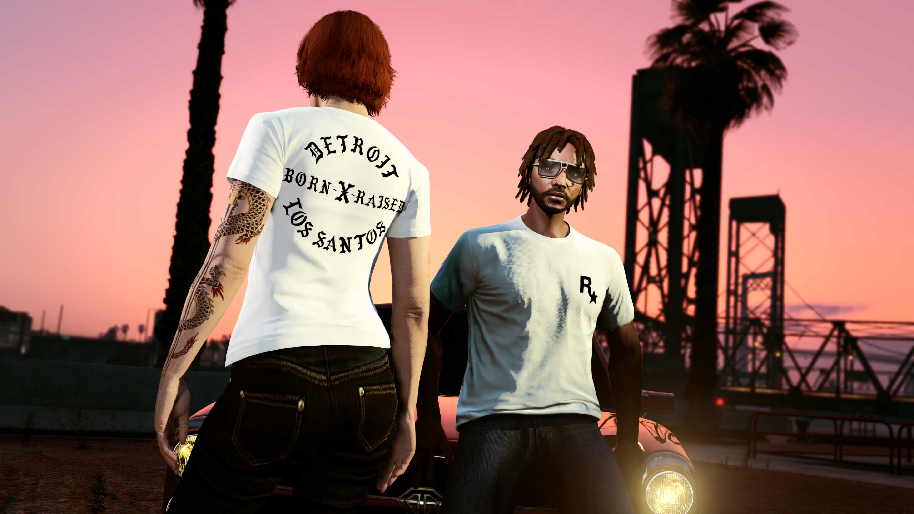 穿着免费白色 Born x Raised T 恤的 GTA 在线模式角色