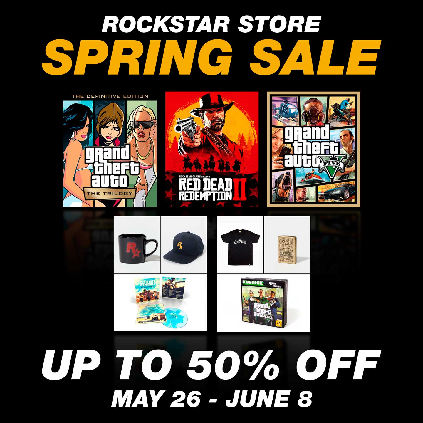 各种 Rockstar Games 产品和游戏的图片，带有 Rockstar 商店春季促销标题以及在 5 月 26 日至 6 月 8 日低至五折的字样