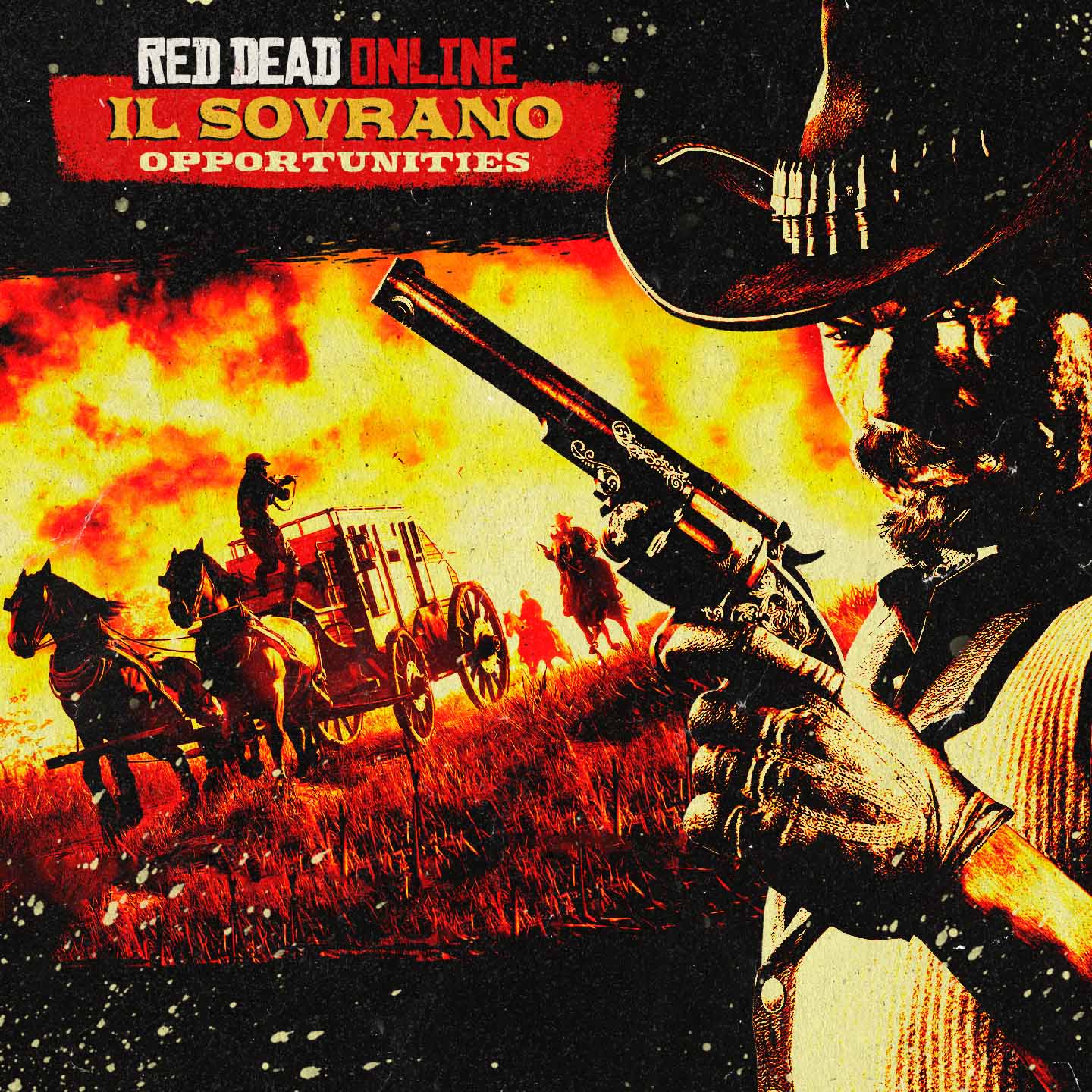 持枪的 RDO 角色，背景是一个栓着马匹的马车