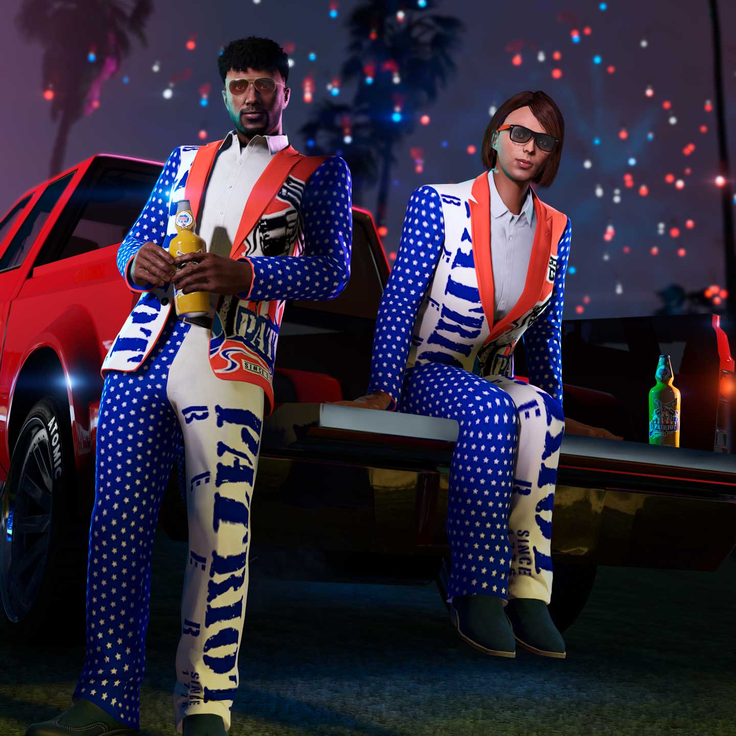 Two GTA Online characters sitting in the trunk of a pickup. Both are wearing a red, white, and blue Patriot suit.