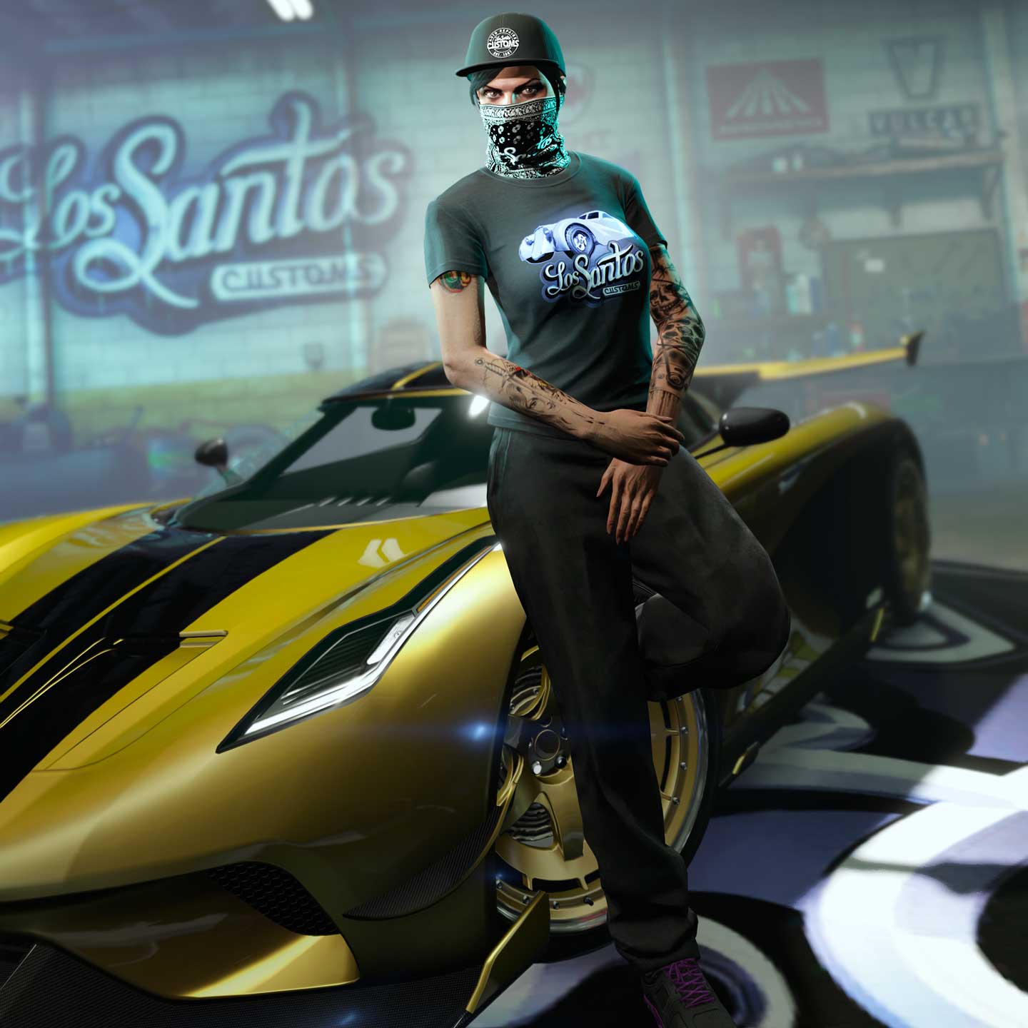 A GTA Online character wearing the Black LS Customs Tee featuring a classic vehicle graphic. A black-and-white patterned LS Customs Neck Gaiter, and a black LS Customs Cap.