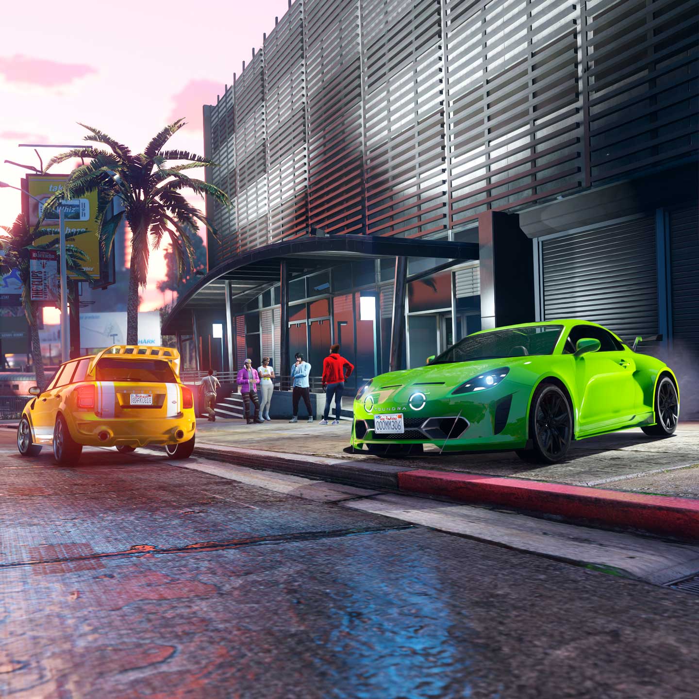在日蚀大道车库外面，一辆绿色苔原潘瑟力在一辆黄色改装威尼天威后面驶入马路。