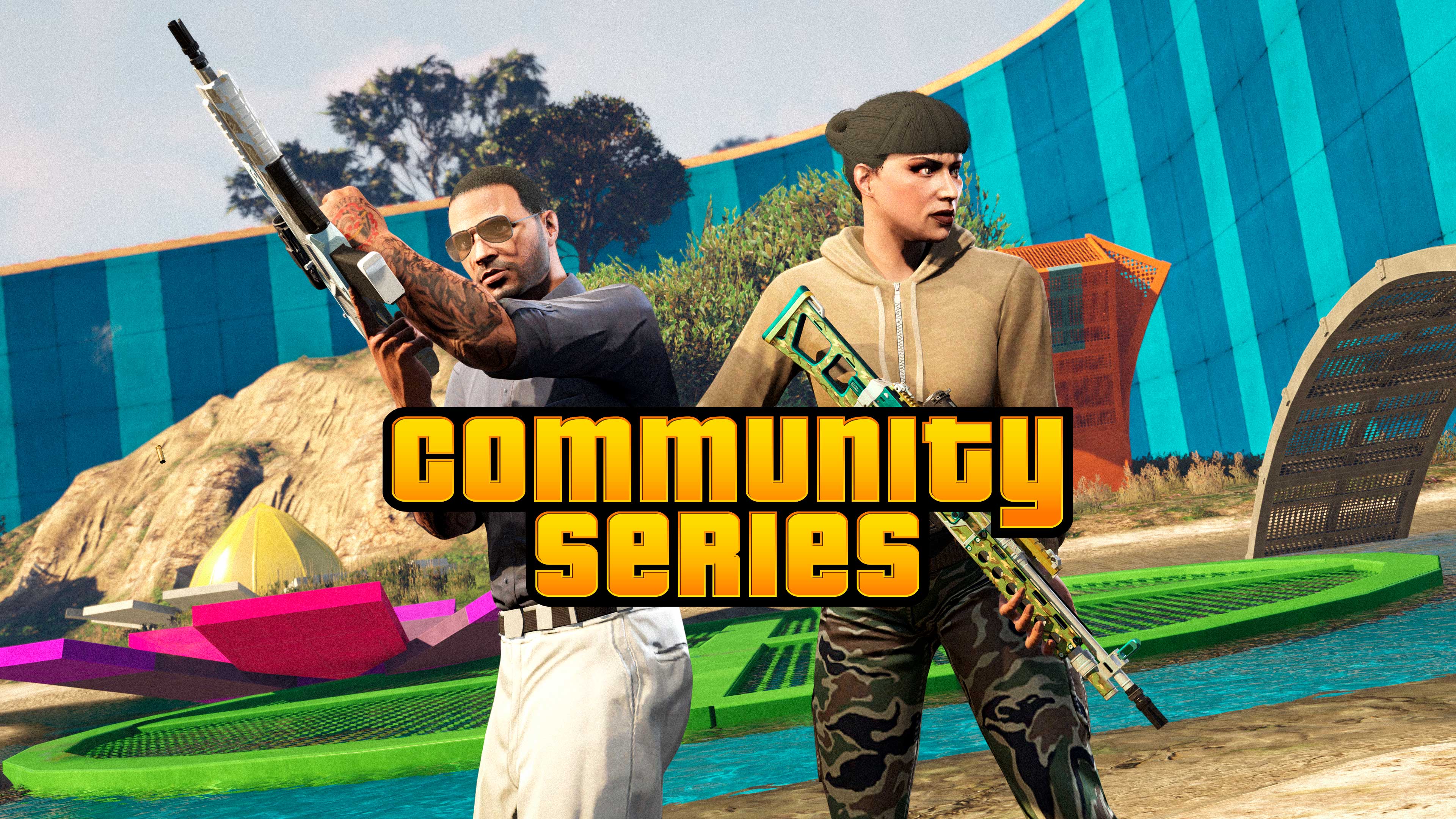社区系列活动海报，画有两名 GTA 在线模式角色拿着步枪准备行动。