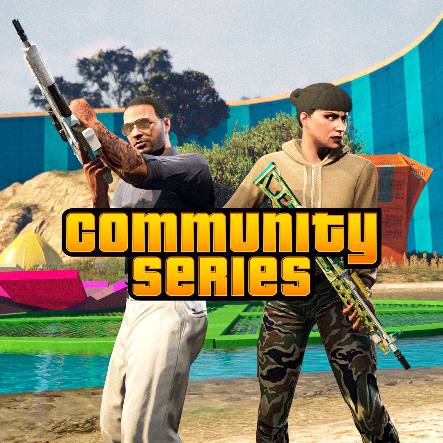 社区系列活动海报，画有两名 GTA 在线模式角色拿着步枪准备行动。