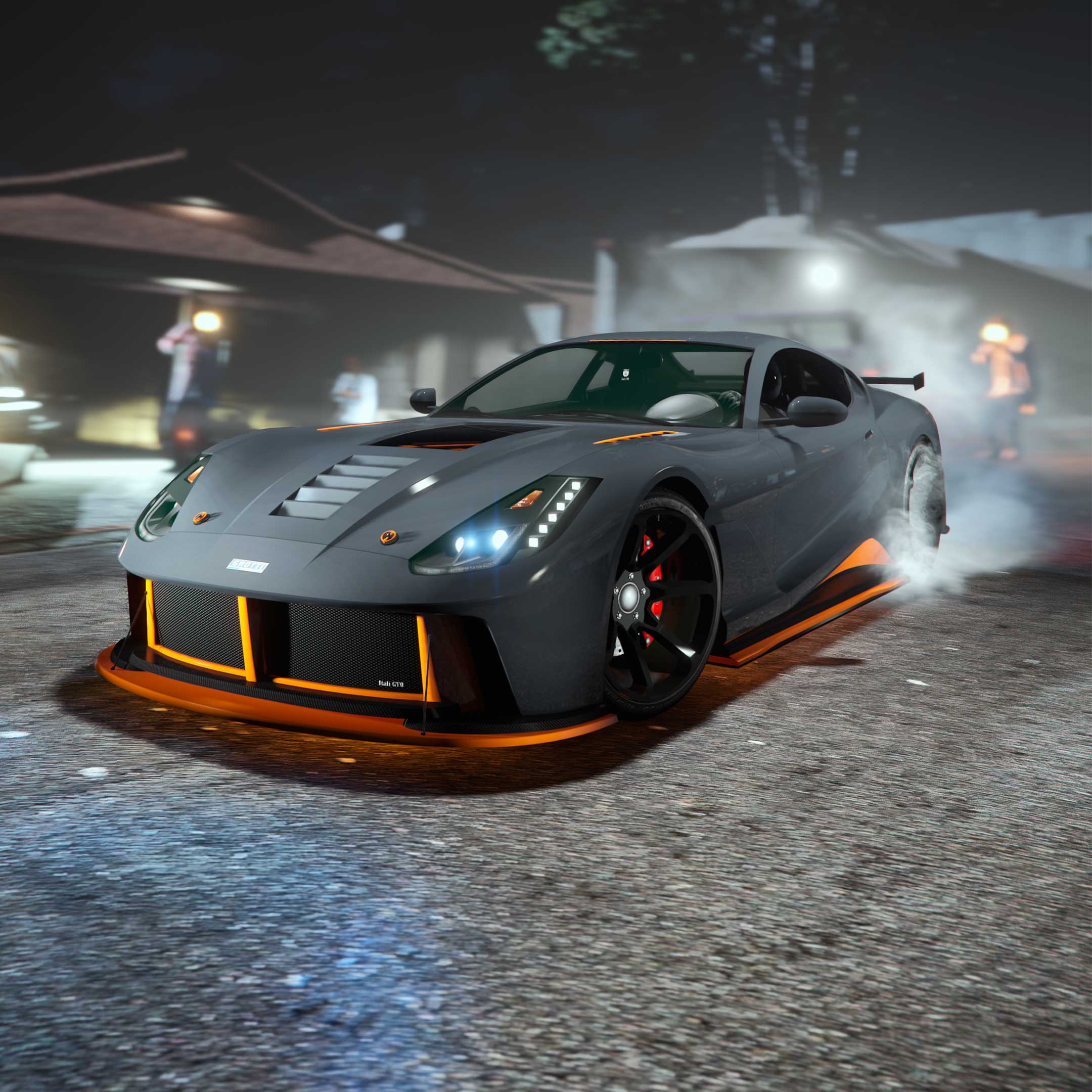 A grey three-door Grotti Itali GTO with orange details speeding away from characters shooting at it.
