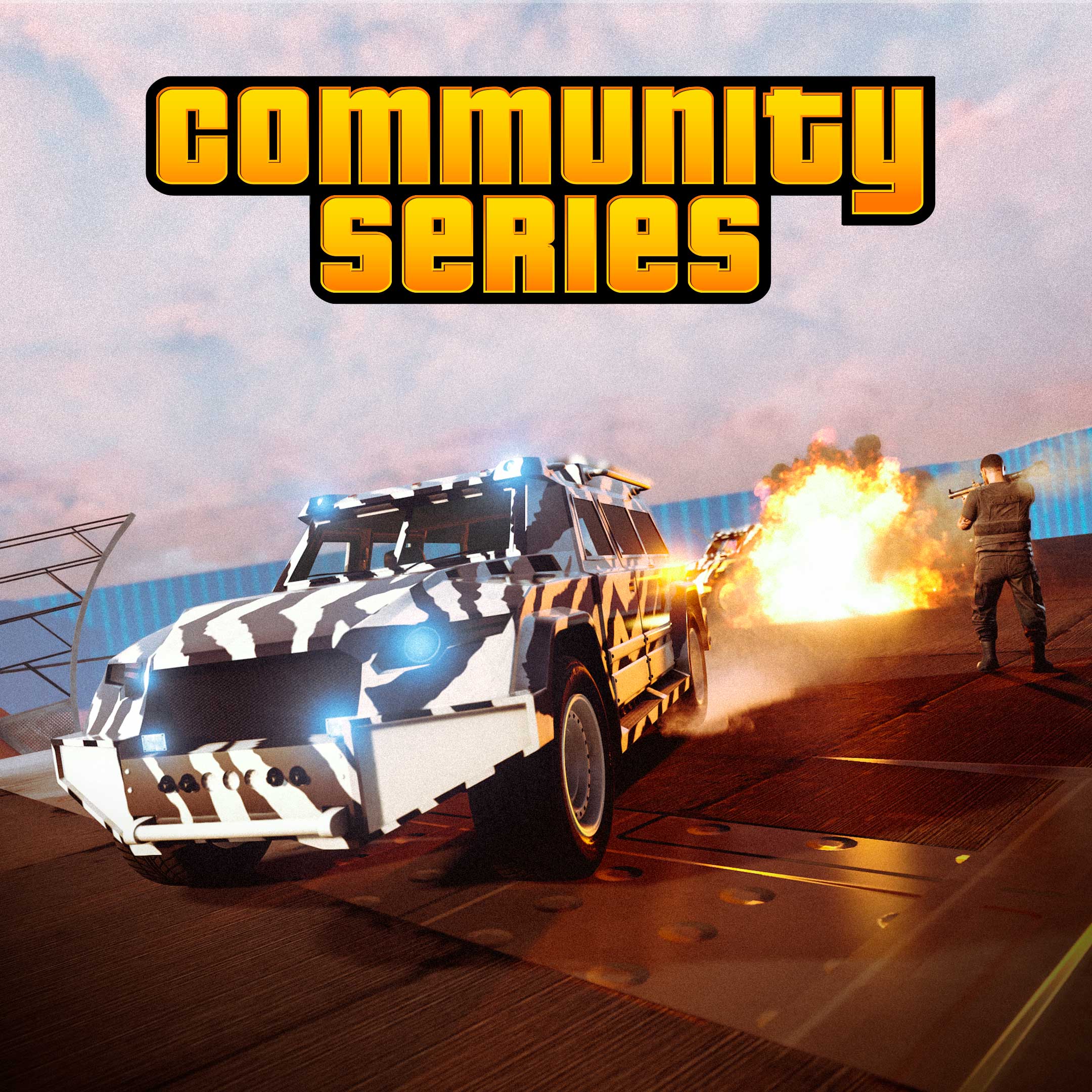 Community Series poster with a Nightshark driving off-road with a GTA Online character firing an RPG in the distance.