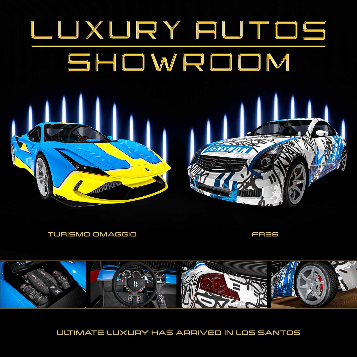 Poster for two Luxury Autos showroom cars. Left: A three-door Grotti Turismo Omaggio with vibrant blue and yellow paint. Right: A five-door Fathom FR36 with white paint and a black and blue scribble livery.