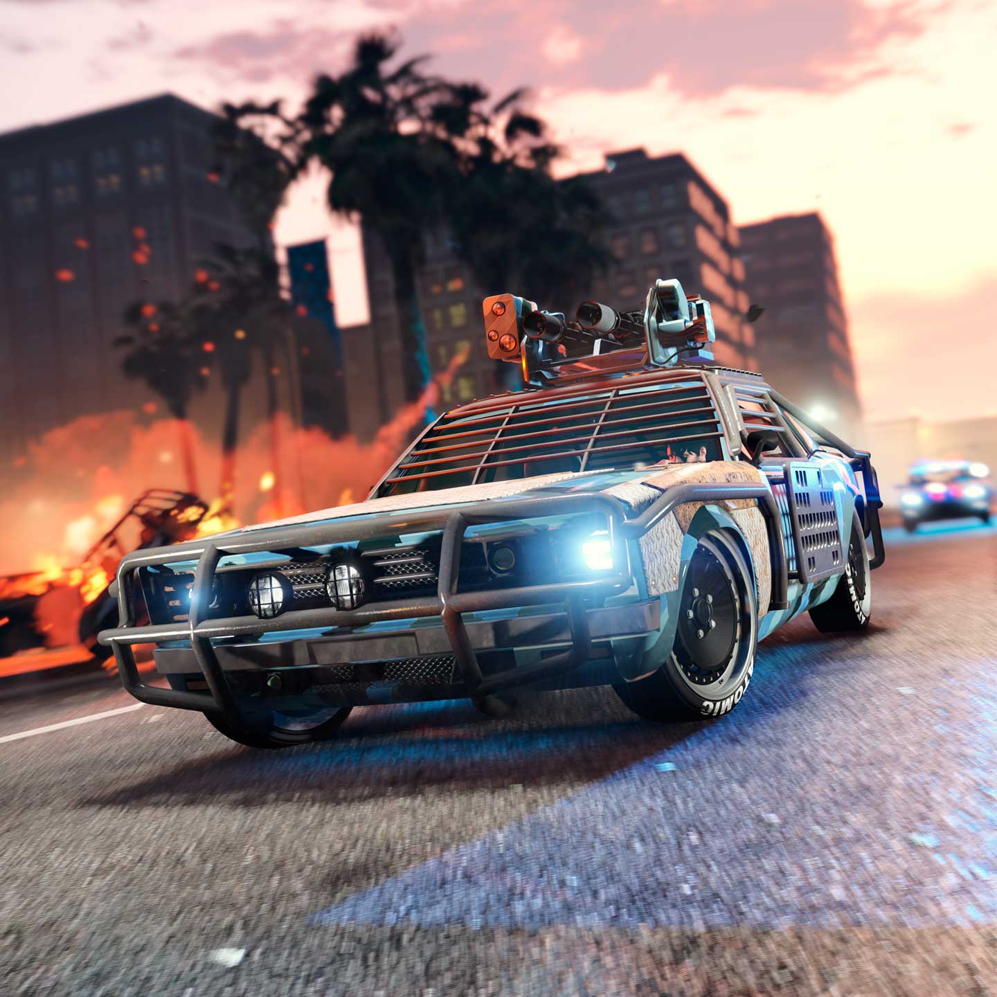 A Declasse Weaponized Tampa with weapons on the roof and heavy armor around the vehicle.