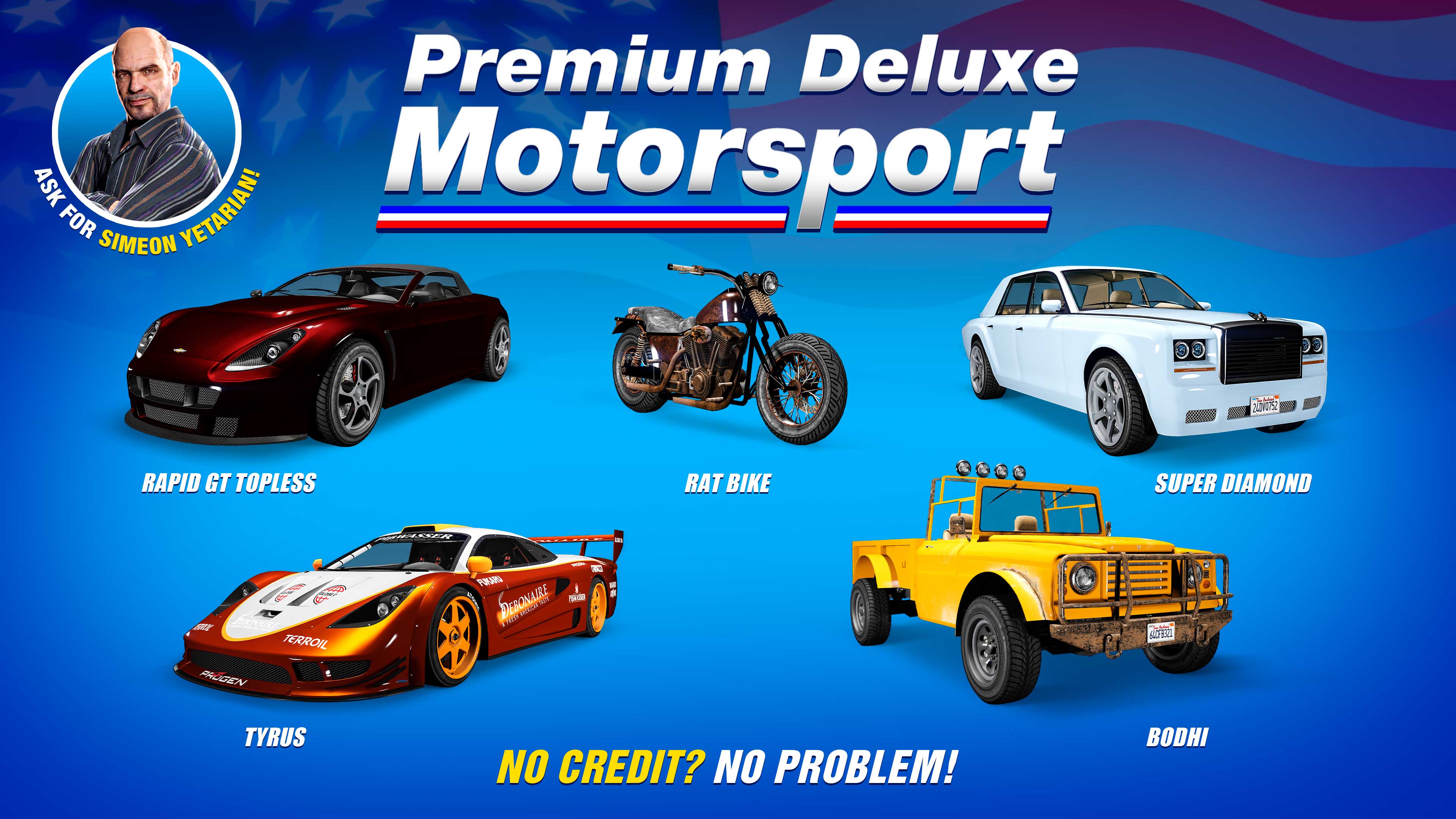 Premium Deluxe Motorsport poster for five vehicles: Progen Tyrus, Enus Super Diamond, Dewbauchee Rapid GT Topless, Western Rat Bike, and Canis Bodhi