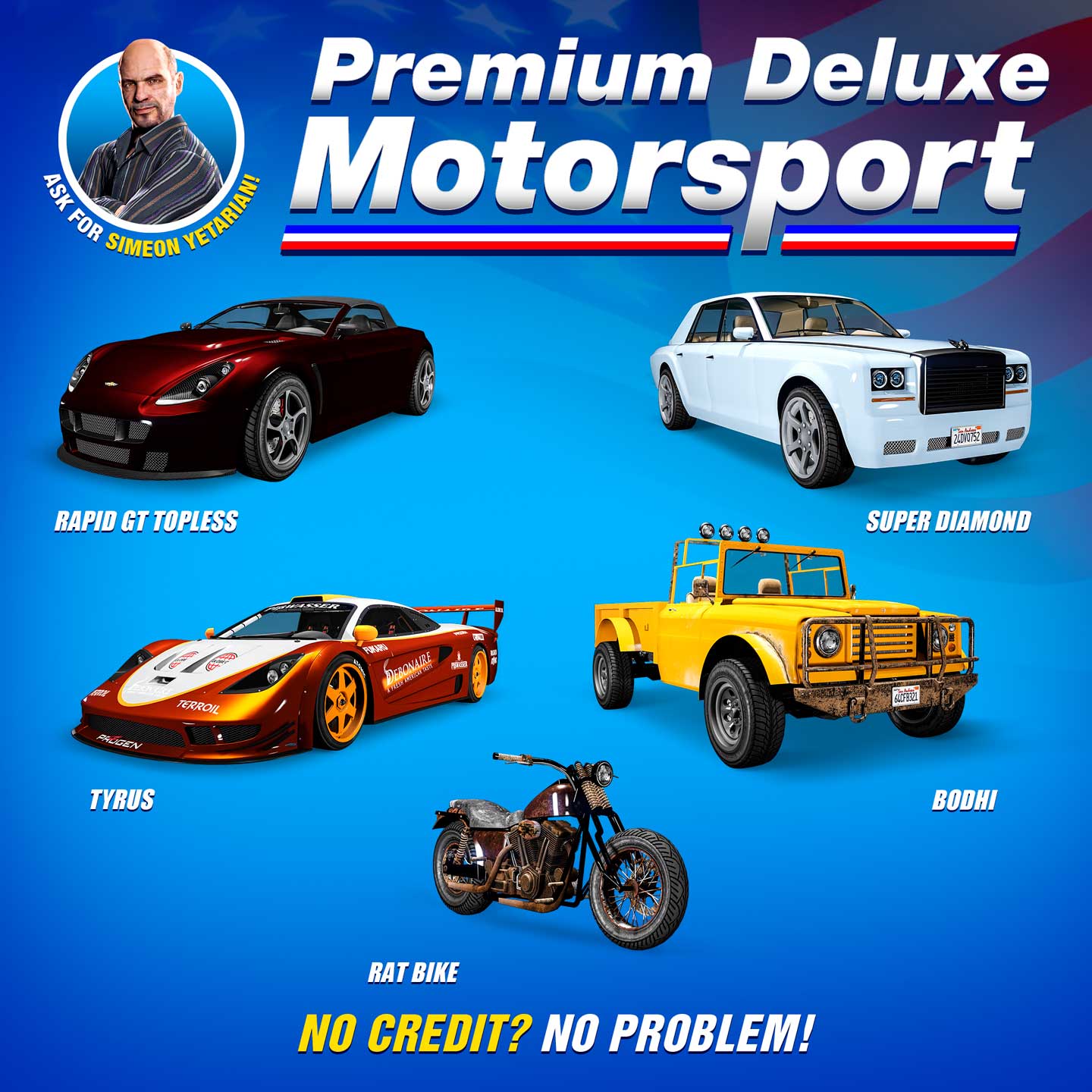 Premium Deluxe Motorsport poster for five vehicles: Progen Tyrus, Enus Super Diamond, Dewbauchee Rapid GT Topless, Western Rat Bike, and Canis Bodhi