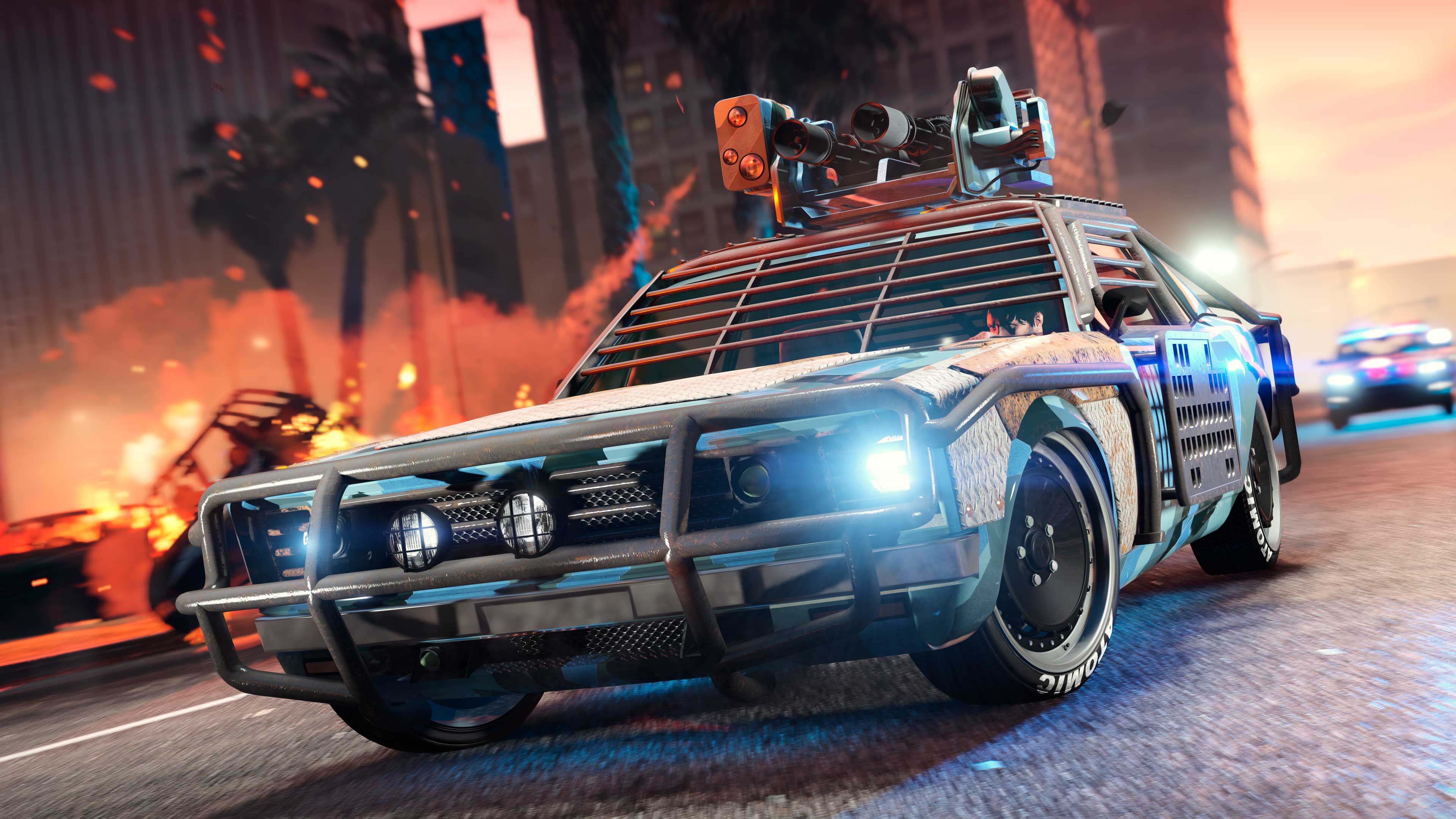 A Declasse Weaponized Tampa with weapons on the roof and heavy armor around the vehicle.