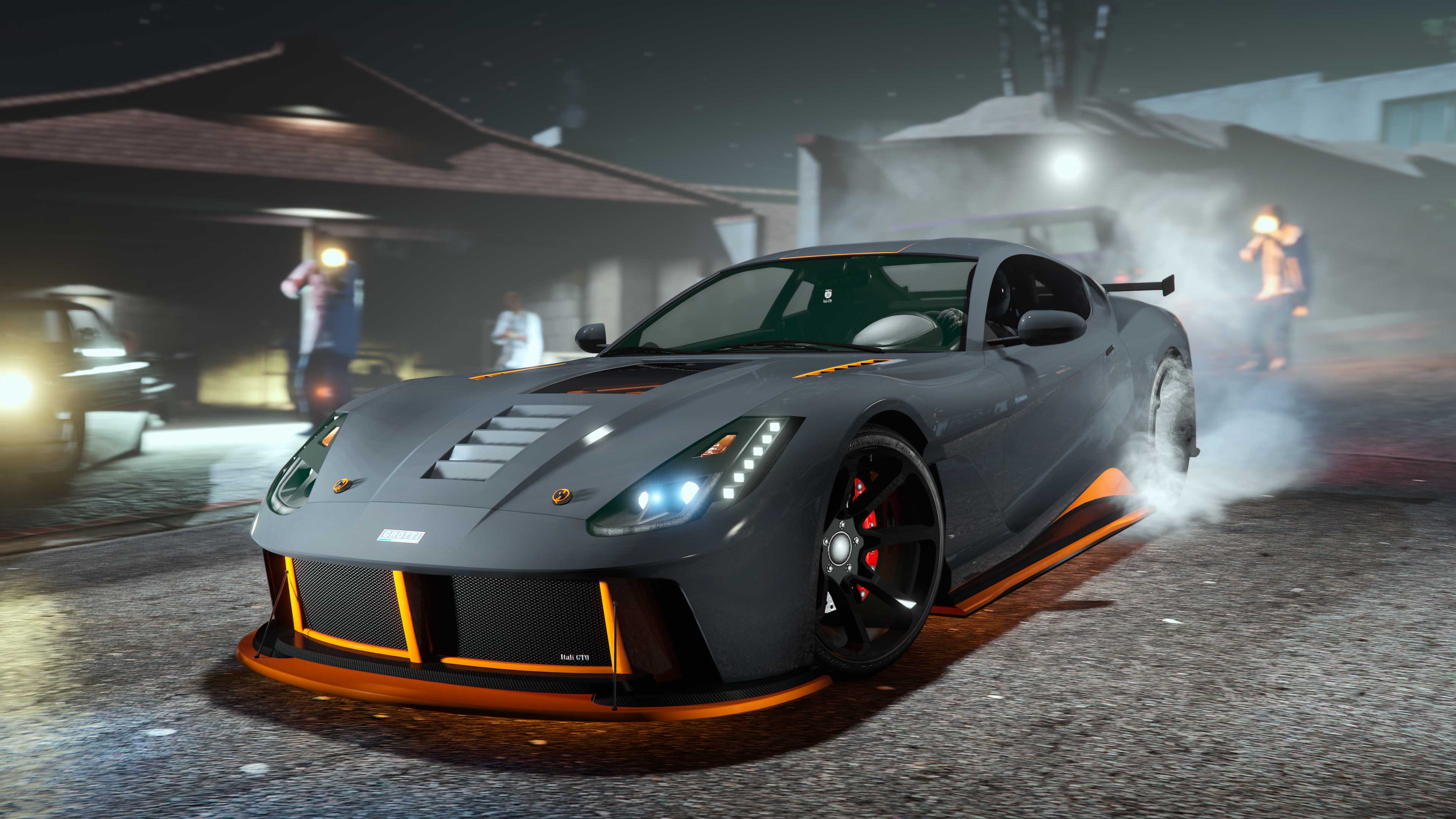 A grey three-door Grotti Itali GTO with orange details speeding away from characters shooting at it.