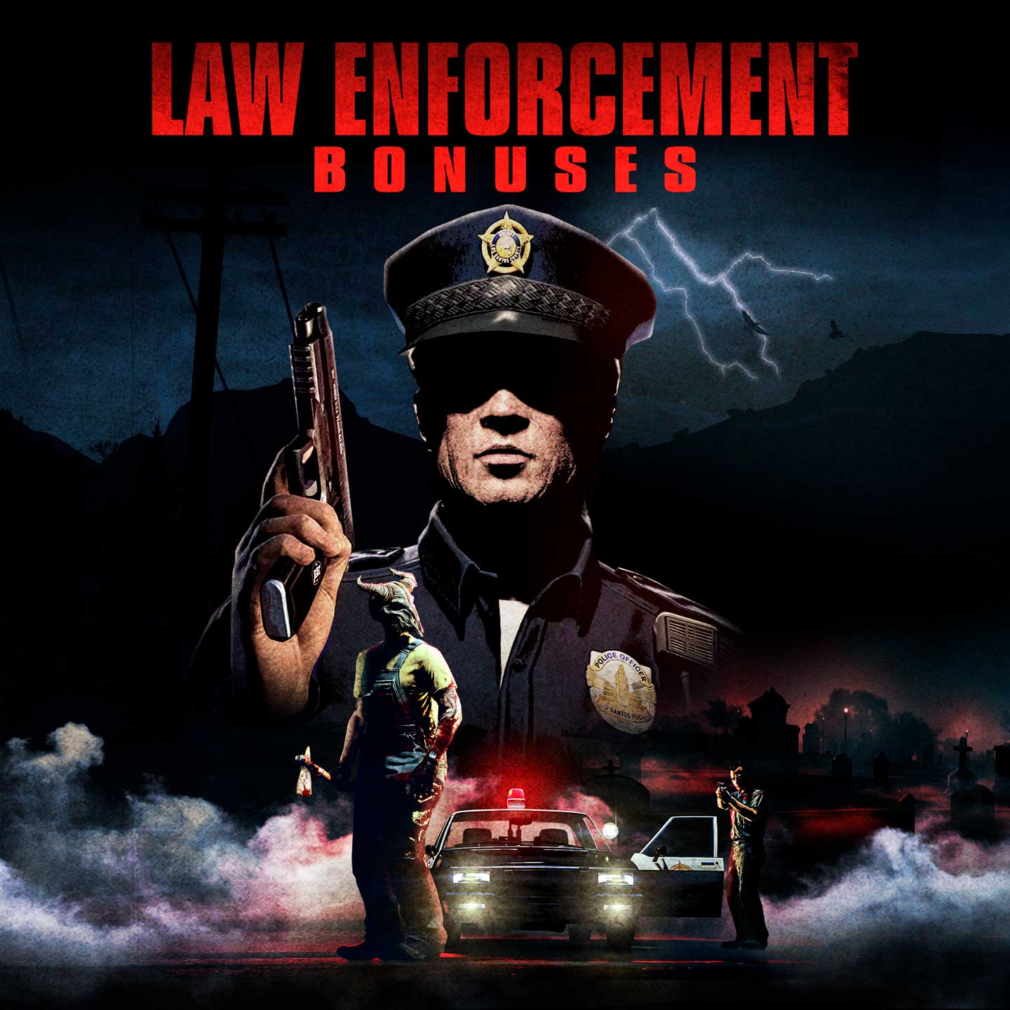 执法奖励海报，大雾弥漫，一名警官在其载具外，使用手枪瞄准一名戴着犄角骷髅头面具、手握一把手斧的角色。
