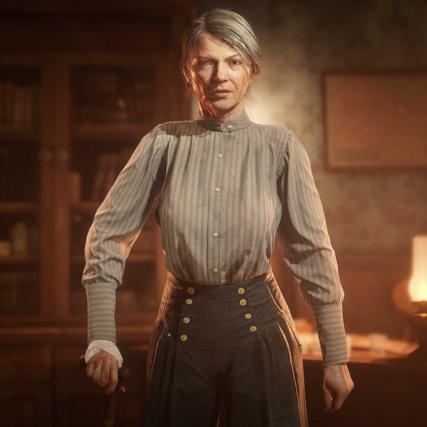 Maggie Fike in a lantern-lit room with a moonshine jug on a desk.