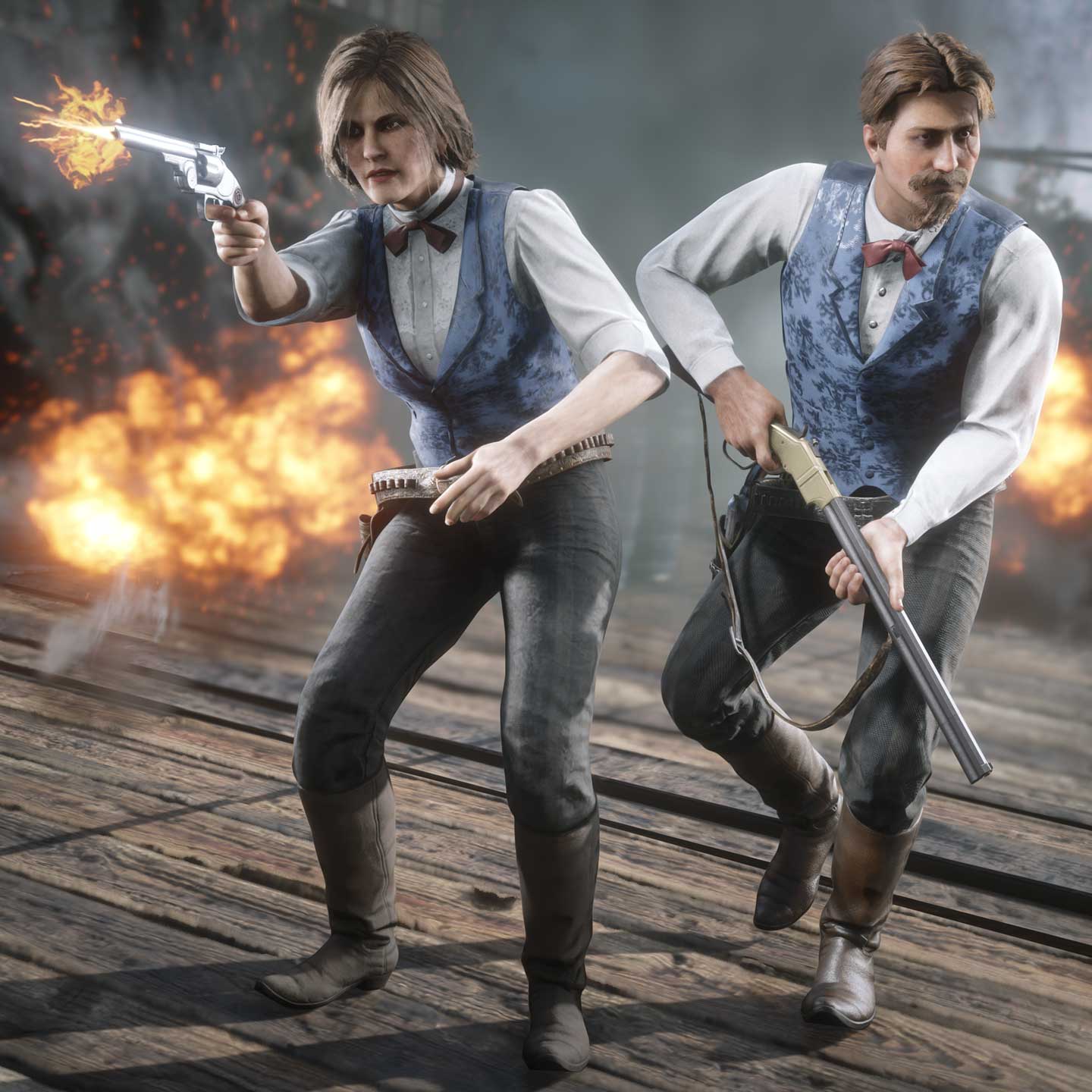Two Red Dead Online characters wear the Community-Inspired Outfit during a shootout surrounded by fire.