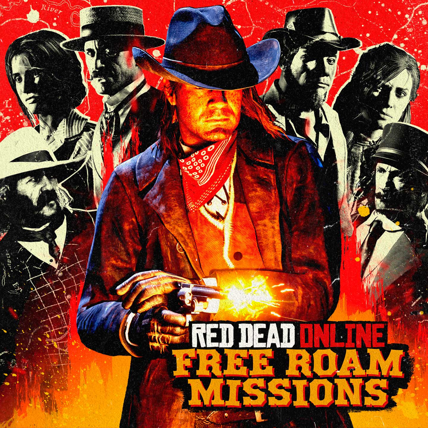 Red Dead Online Free Roam Missions and Events artwork featuring numerous grayscale characters surrounding a single character in color firing a revolver.