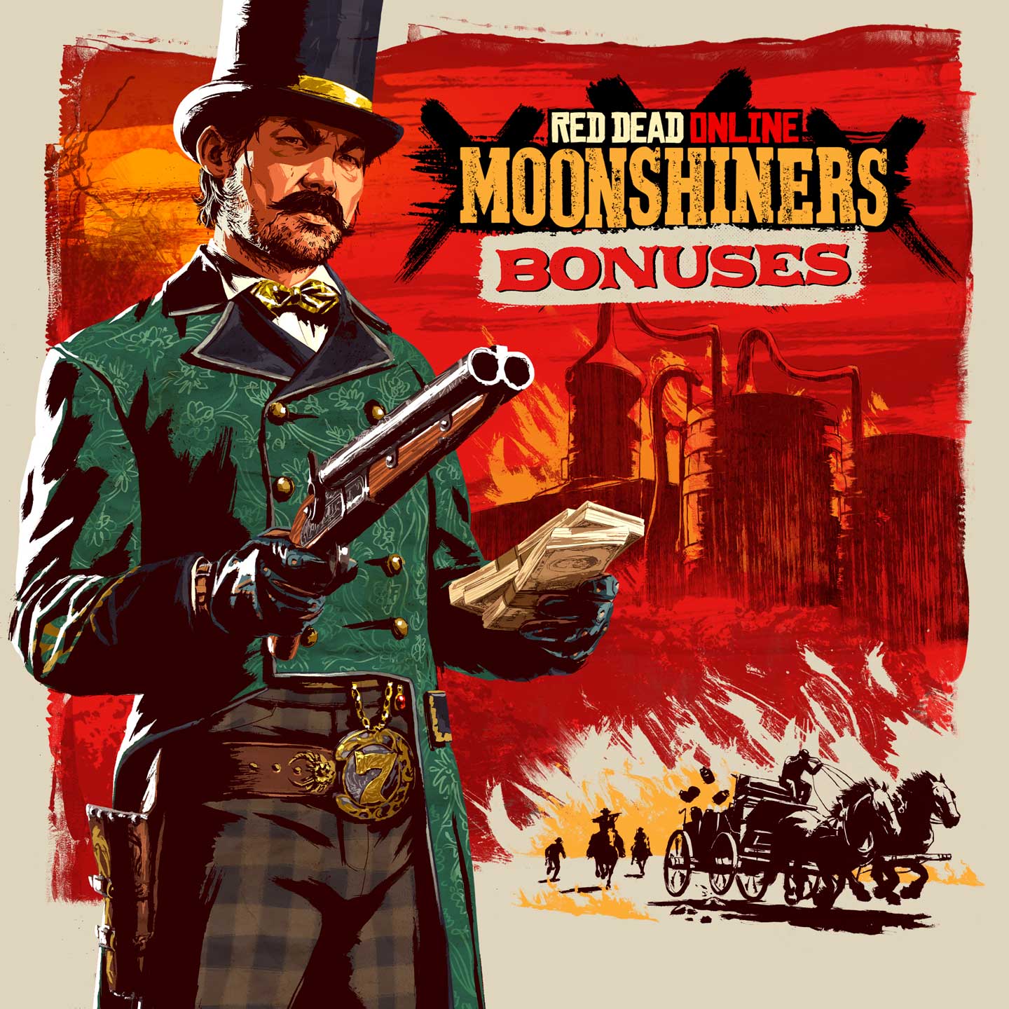 Red Dead Online Moonshiners Bonuses poster featuring artwork of a character holding money and a sawed-off shotgun.