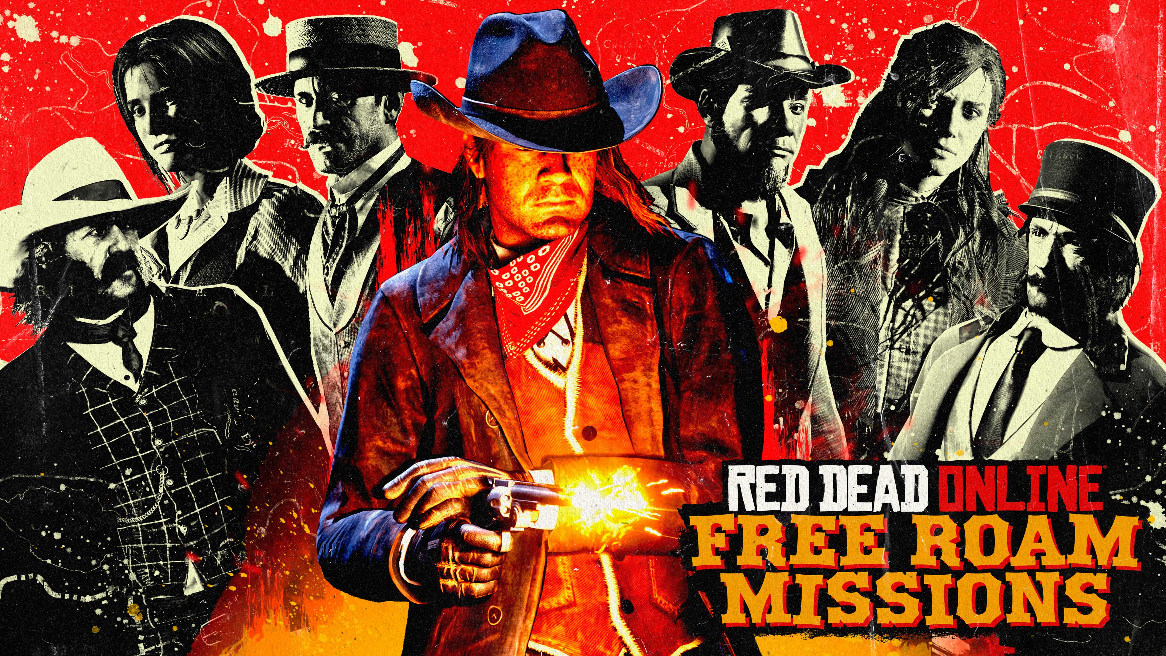 Red Dead Online Free Roam Missions and Events artwork featuring numerous grayscale characters surrounding a single character in color firing a revolver.