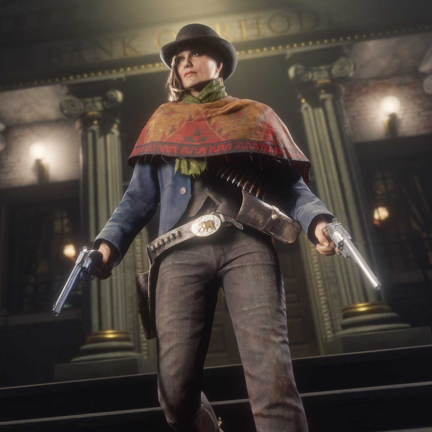 A Red Dead Online character holding a revolver in each hand and wearing Limited-Time Clothing walks down steps outside a building with towering columns.