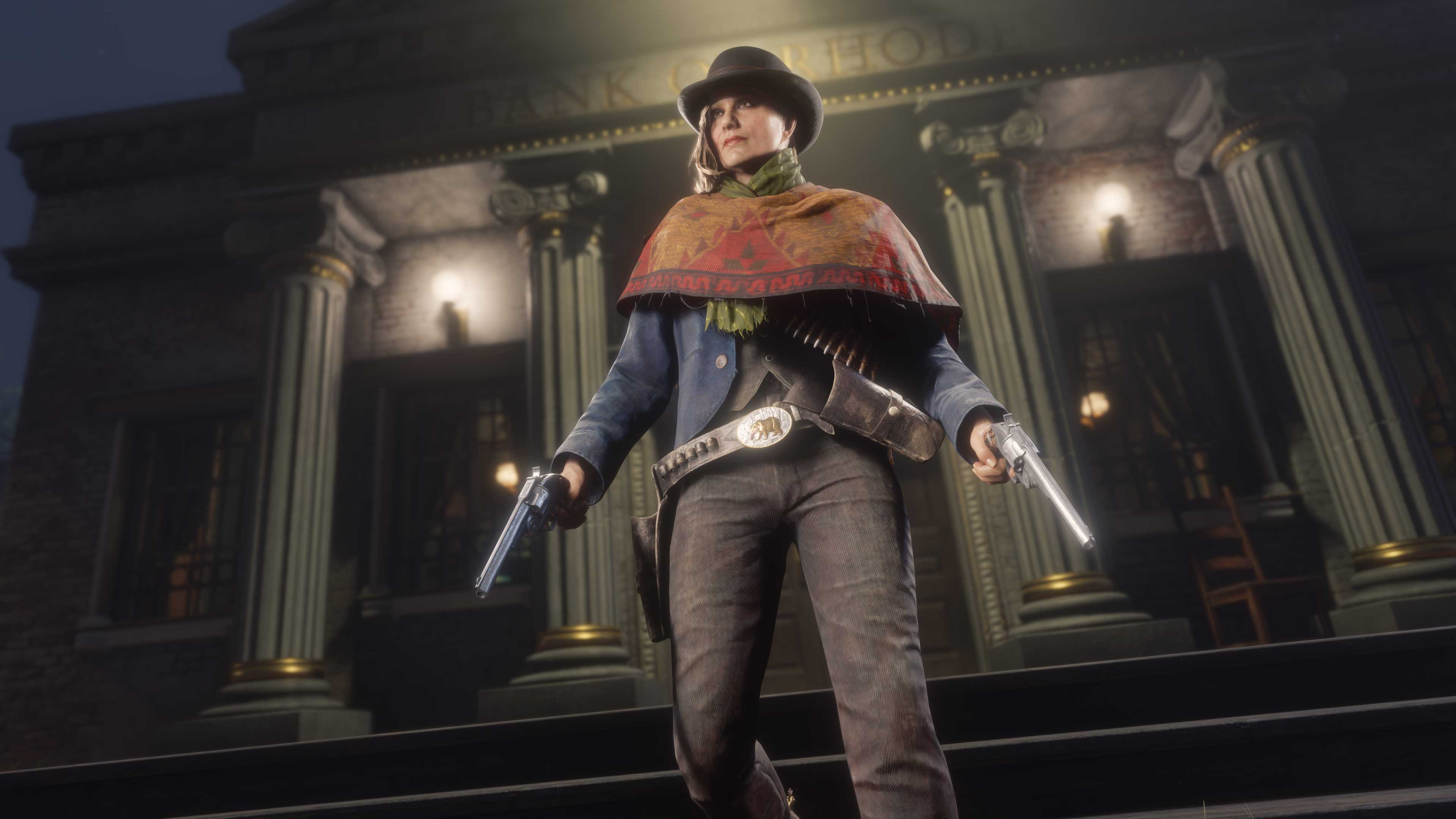 A Red Dead Online character holding a revolver in each hand and wearing Limited-Time Clothing walks down steps outside a building with towering columns.