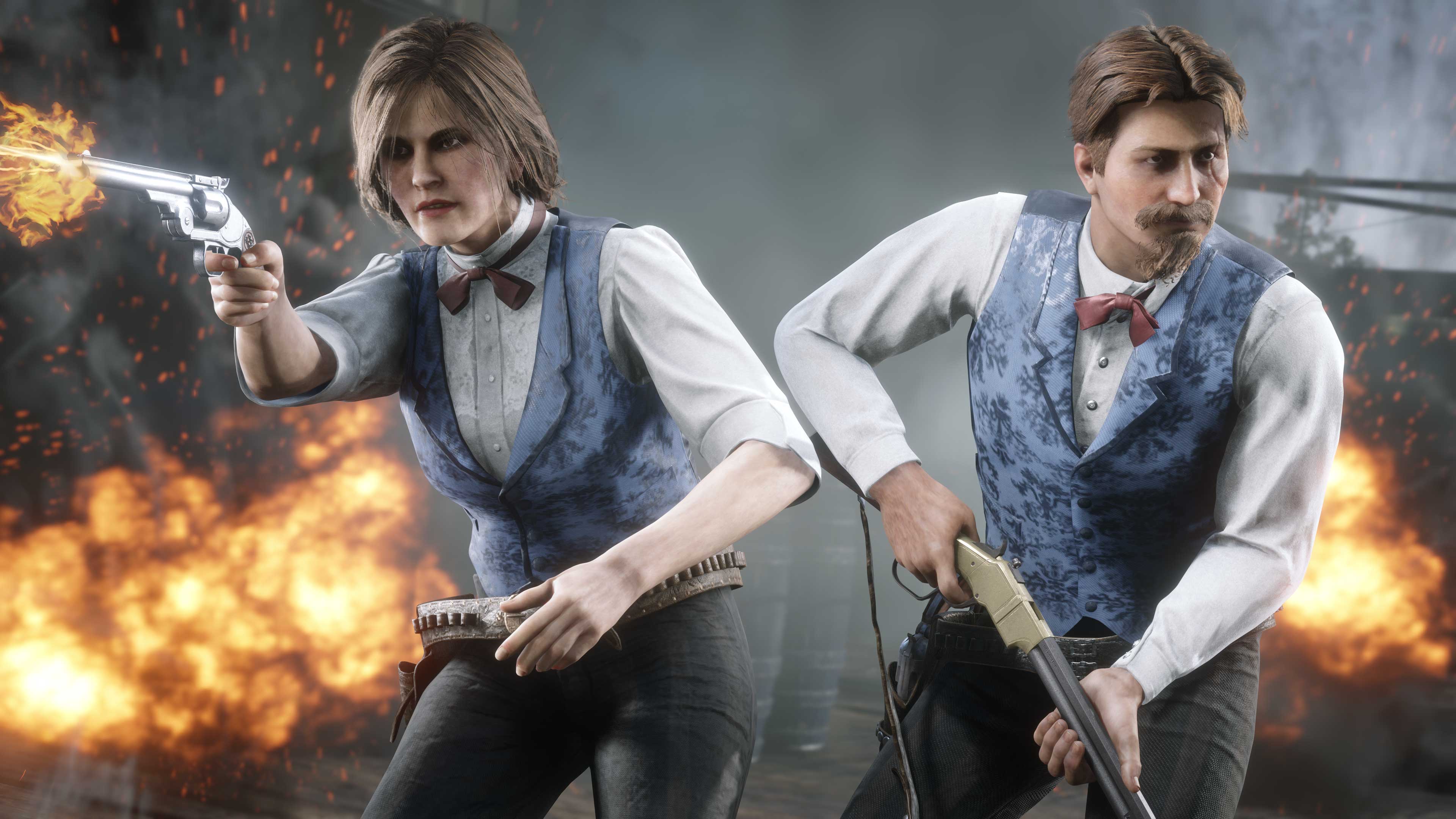 Two Red Dead Online characters wear the Community-Inspired Outfit during a shootout surrounded by fire.