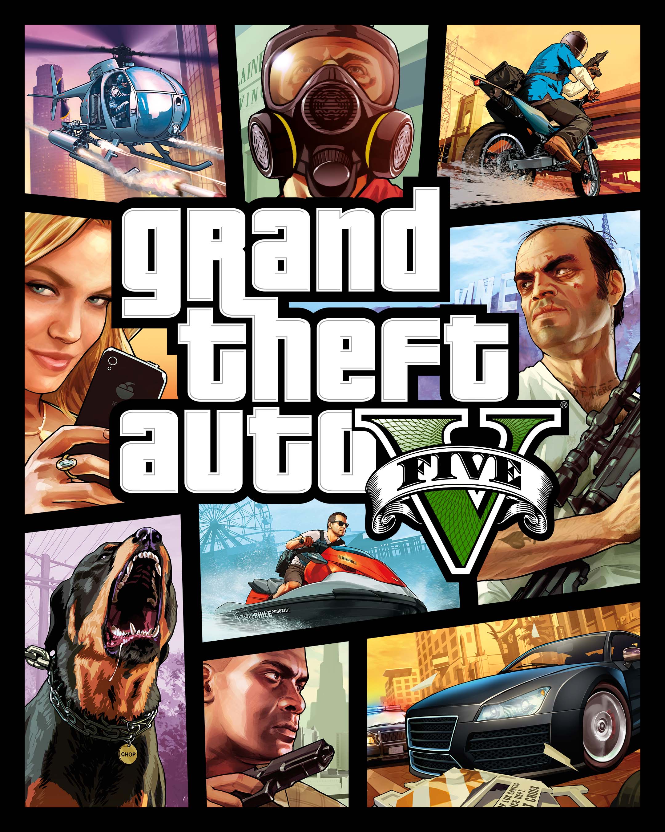 Grand Theft Auto 5徽标下方是GTA5艺术作品，由多个图案组成，展示不同的角色和场景。