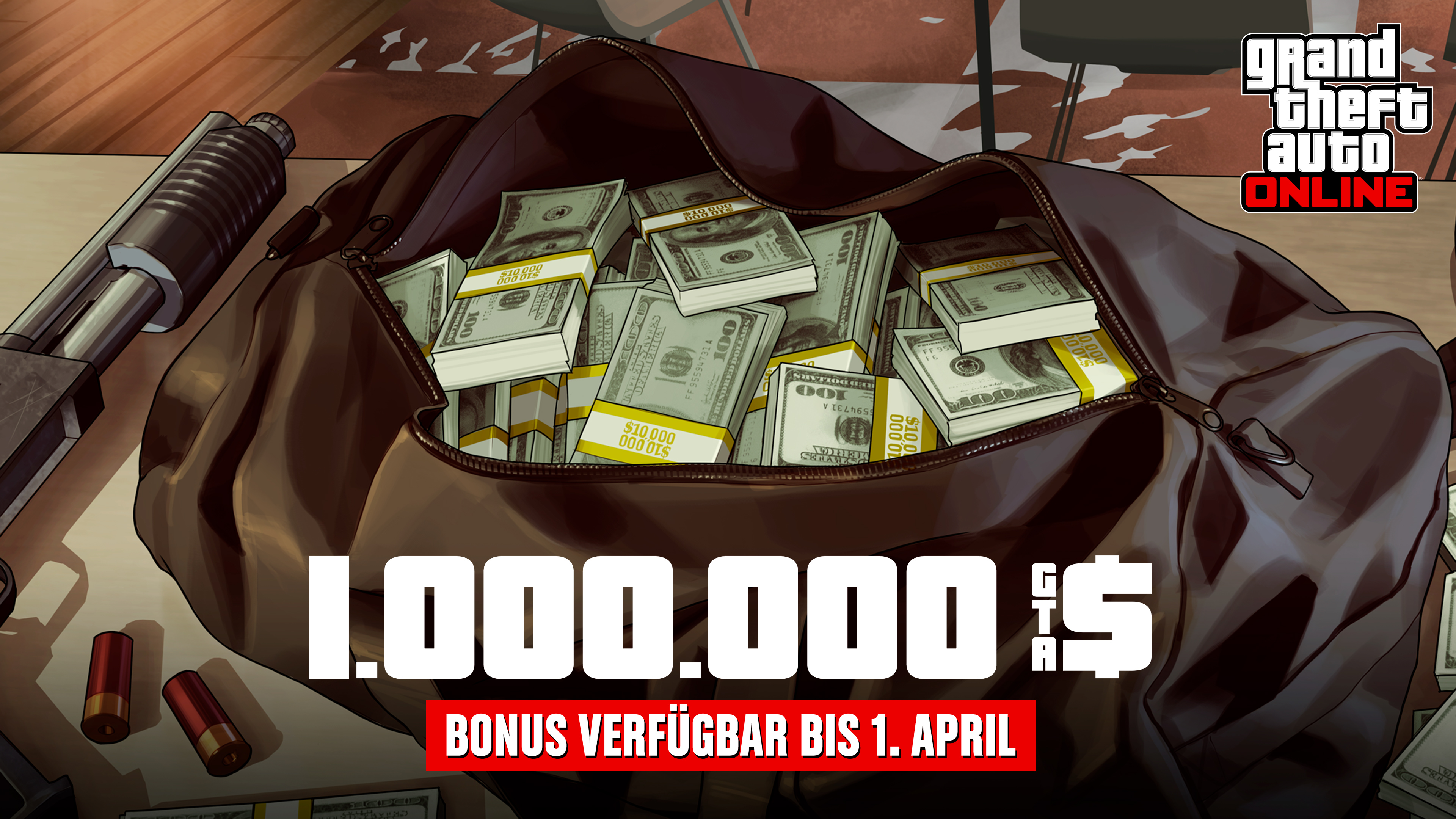 GTA在线模式艺术作品，绘有一个装满捆捆现金的袋子。文字内容为：100万GTA游戏币。奖励截至4月1日。