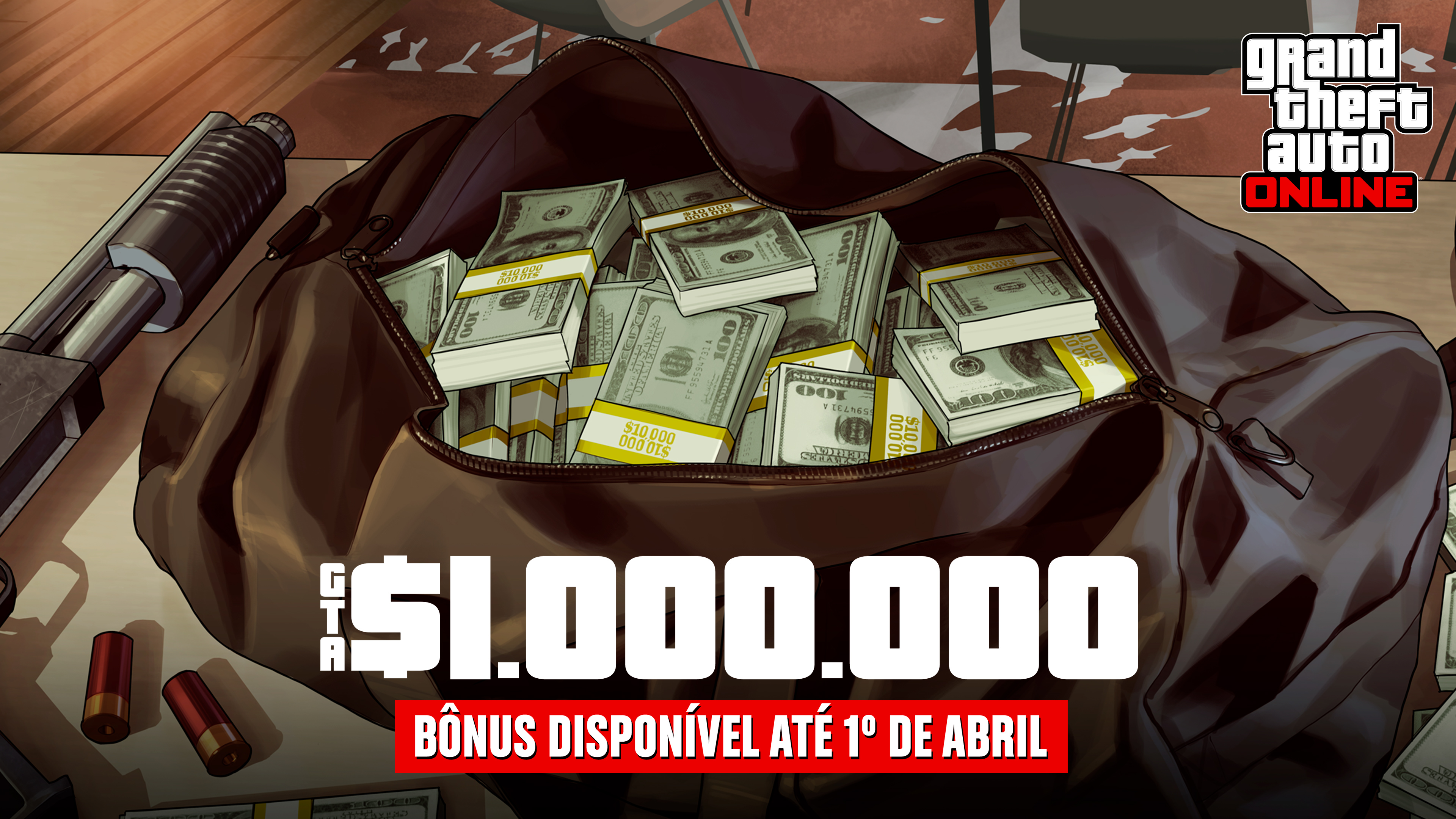 GTA在线模式艺术作品，绘有一个装满捆捆现金的袋子。文字内容为：100万GTA游戏币。奖励截至4月1日。